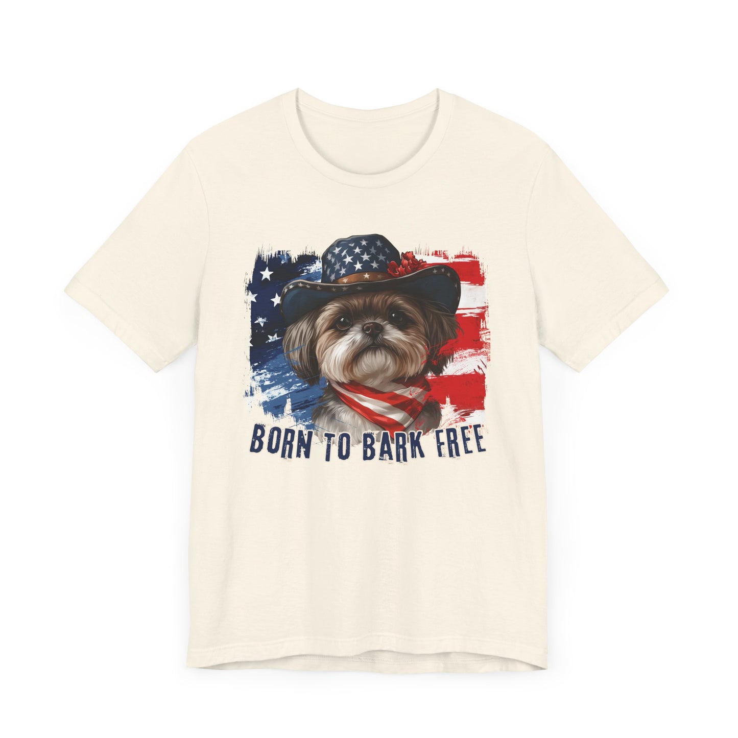 Shih Tzu Patriotic T-Shirt "Born to Bark Free" - Dog-Themed Patriotic Design