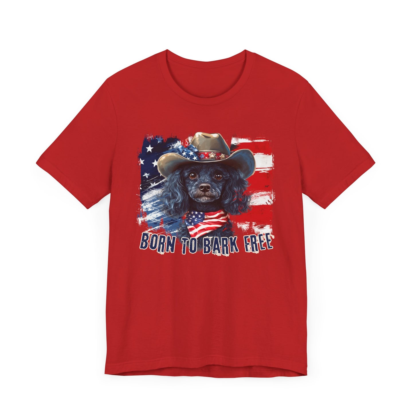 Black Poodle Patriotic T-Shirt "Born to Bark Free" - Dog-Themed Patriotic Design