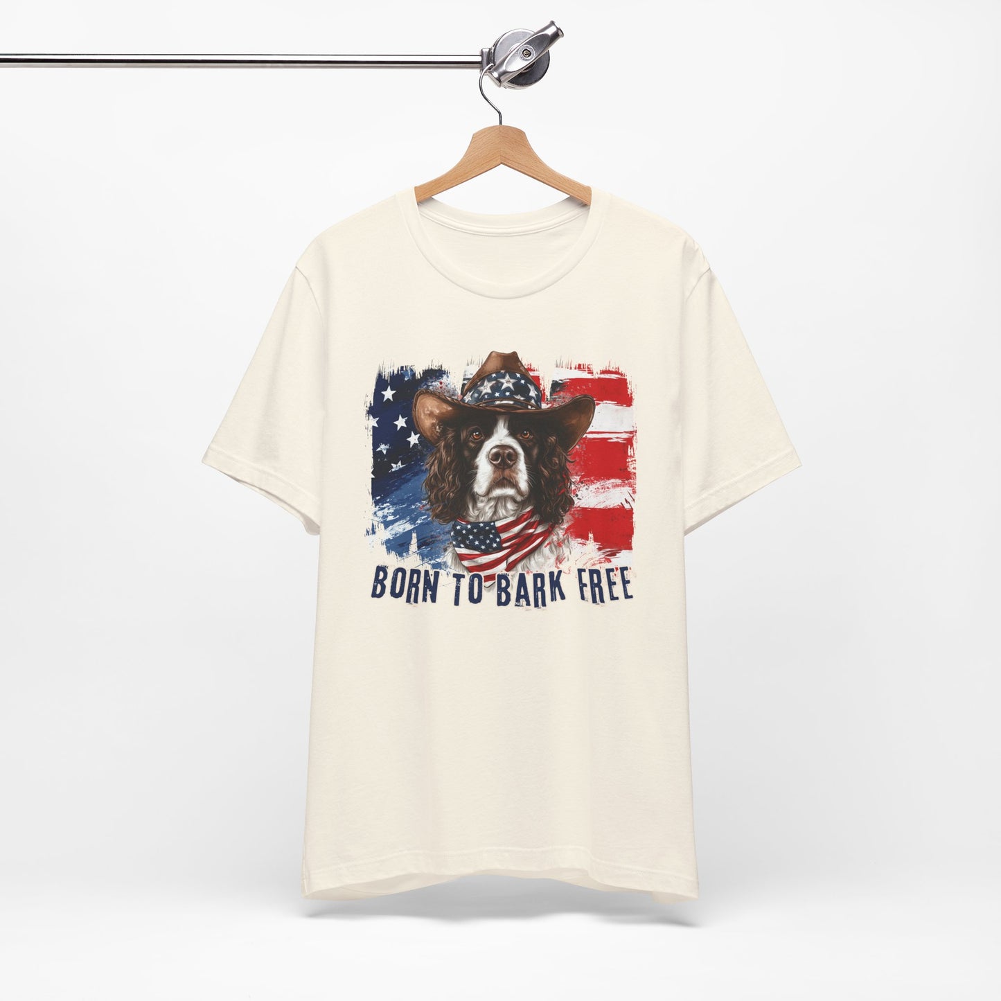 English Springer Spaniel Patriotic T-Shirt "Born to Bark Free" - Dog-Themed Patriotic Design
