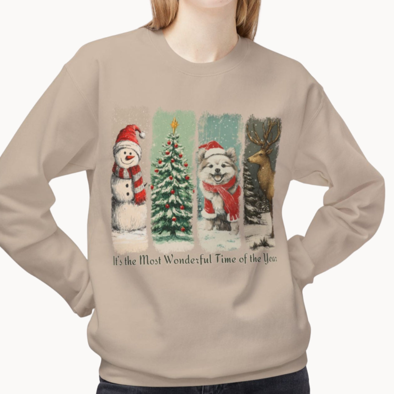 Person wearing a beige sweatshirt with Christmas-themed design on a white background