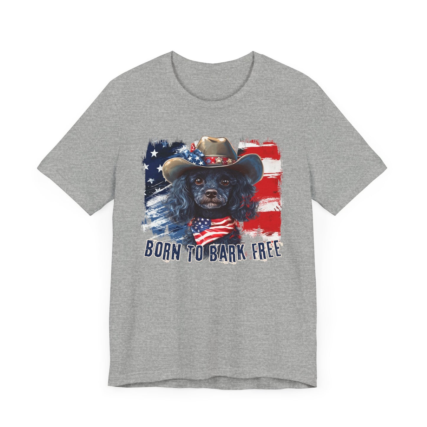 Black Poodle Patriotic T-Shirt "Born to Bark Free" - Dog-Themed Patriotic Design