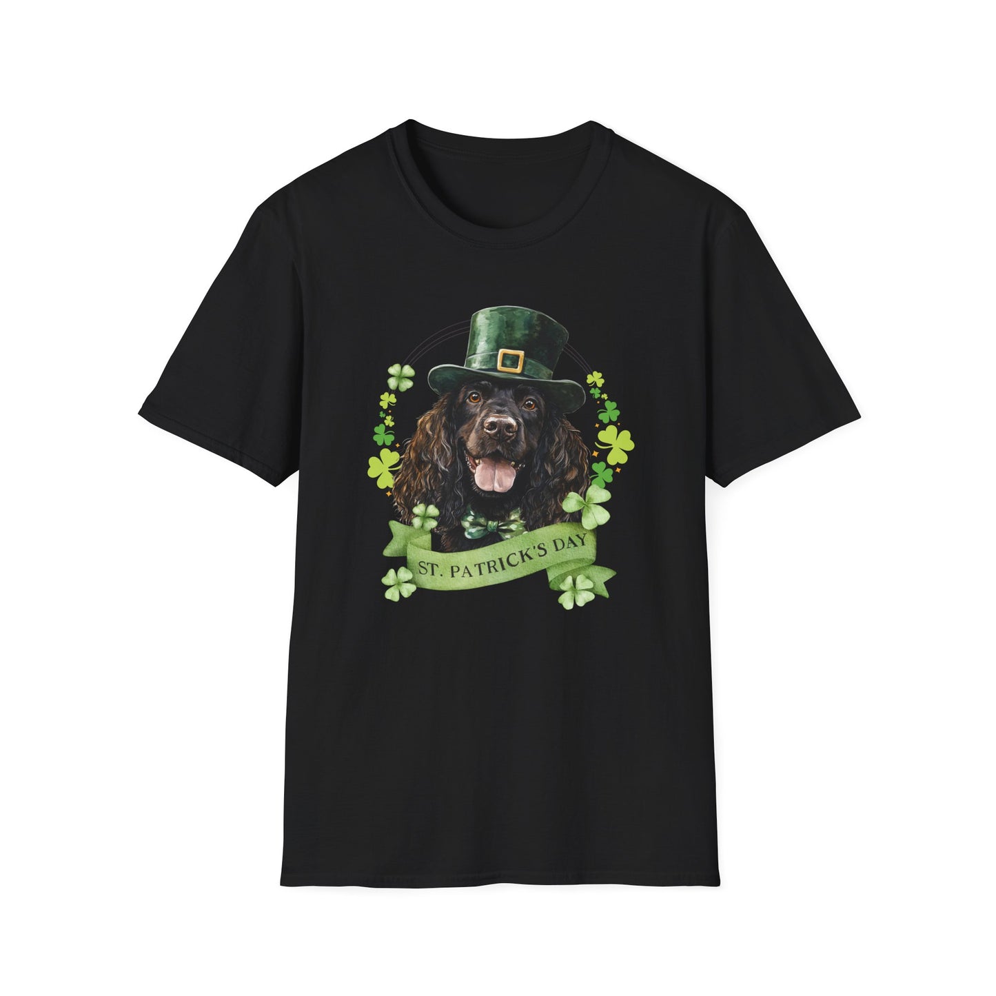 St. Patrick’s Day t-shirt featuring an Irish Water Spaniel with a shamrock garland and festive Irish design