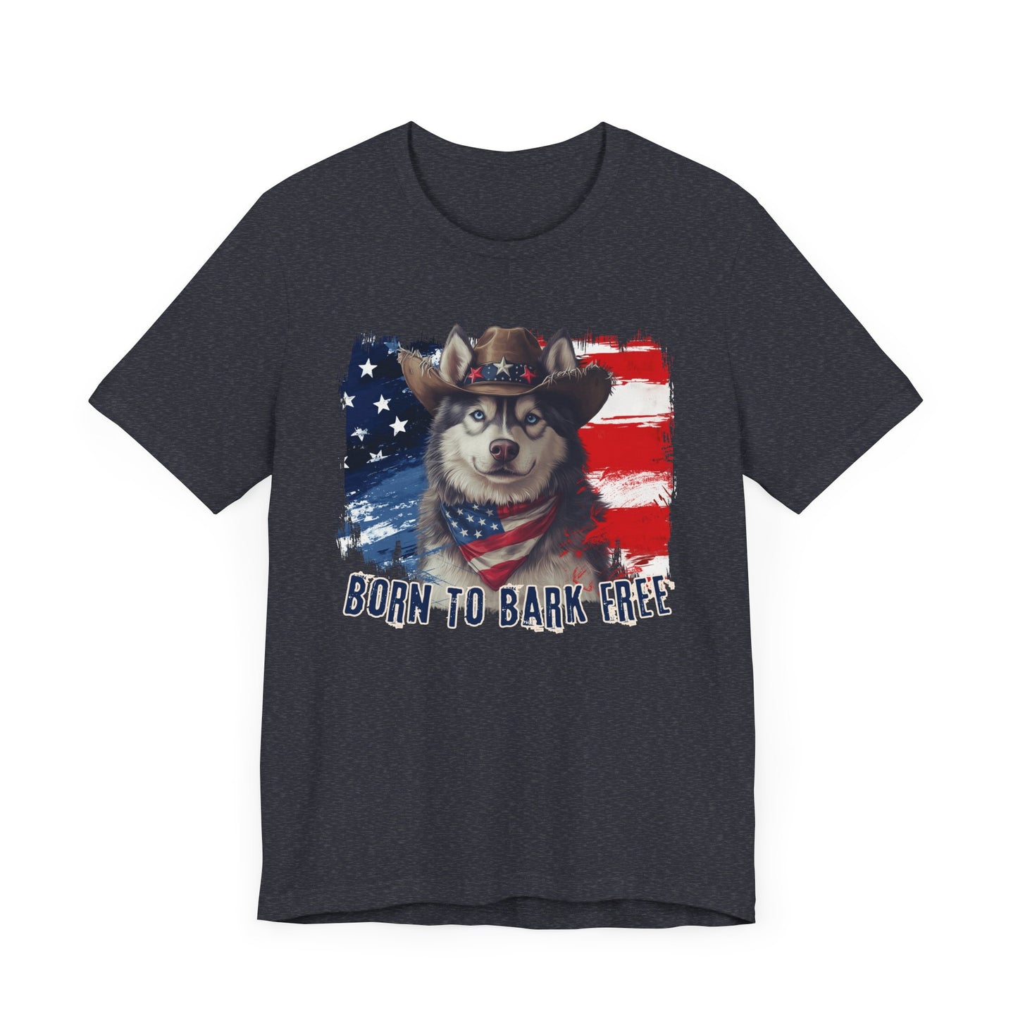 Siberian Husky Patriotic T-Shirt "Born to Bark Free" - Dog-Themed Patriotic Design
