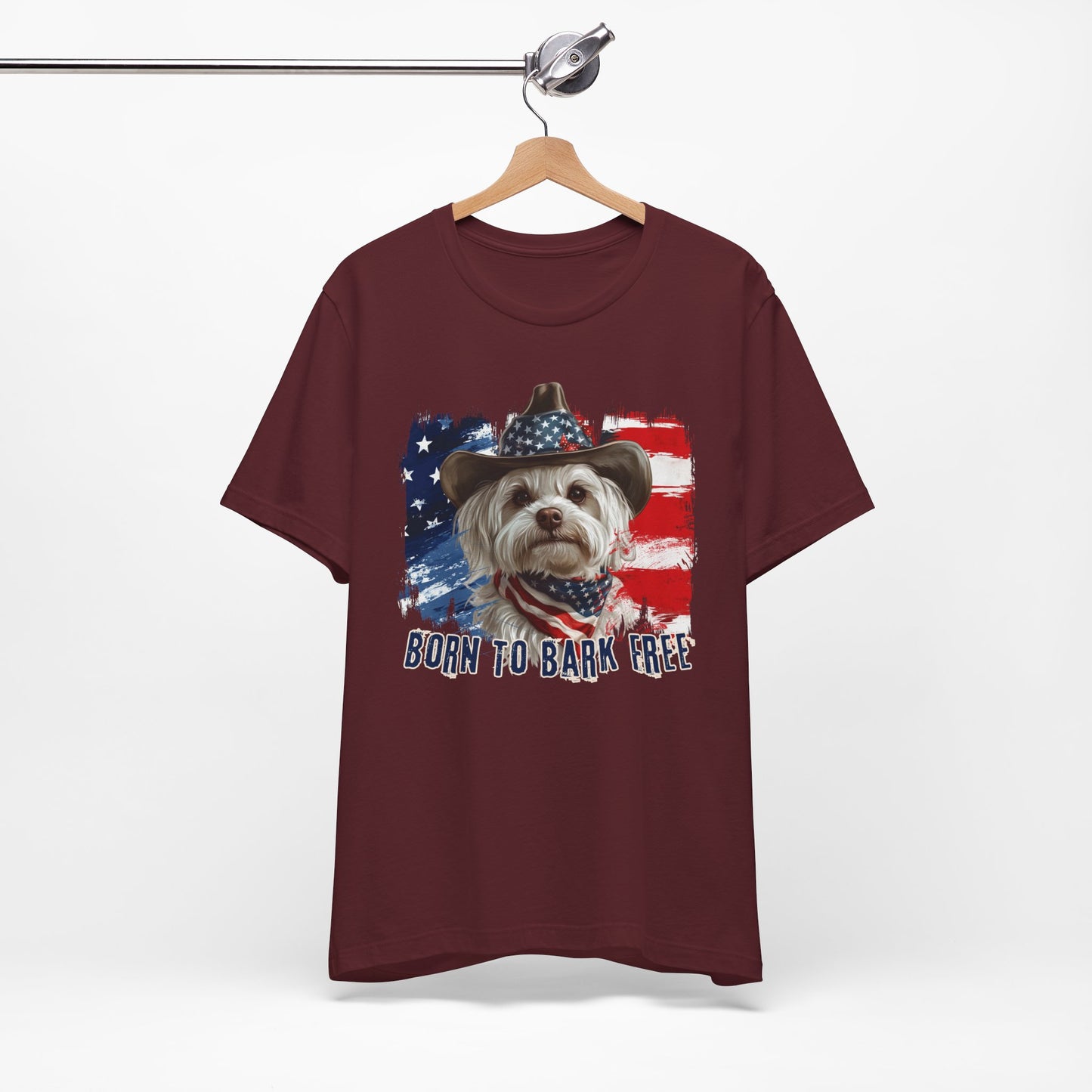 Maltese Patriotic T-Shirt "Born to Bark Free" - Dog-Themed Patriotic Design