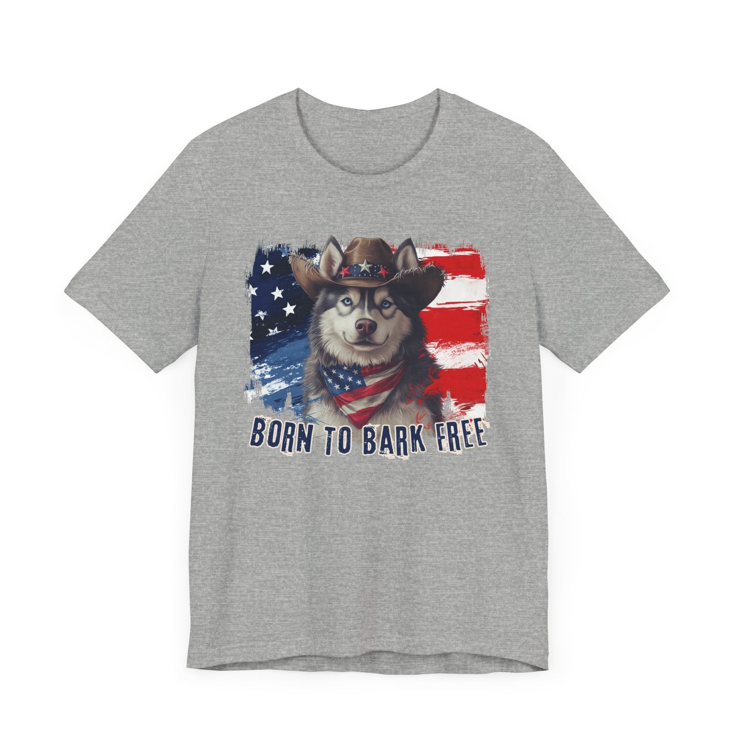 Siberian Husky Patriotic T-Shirt "Born to Bark Free" - Dog-Themed Patriotic Design