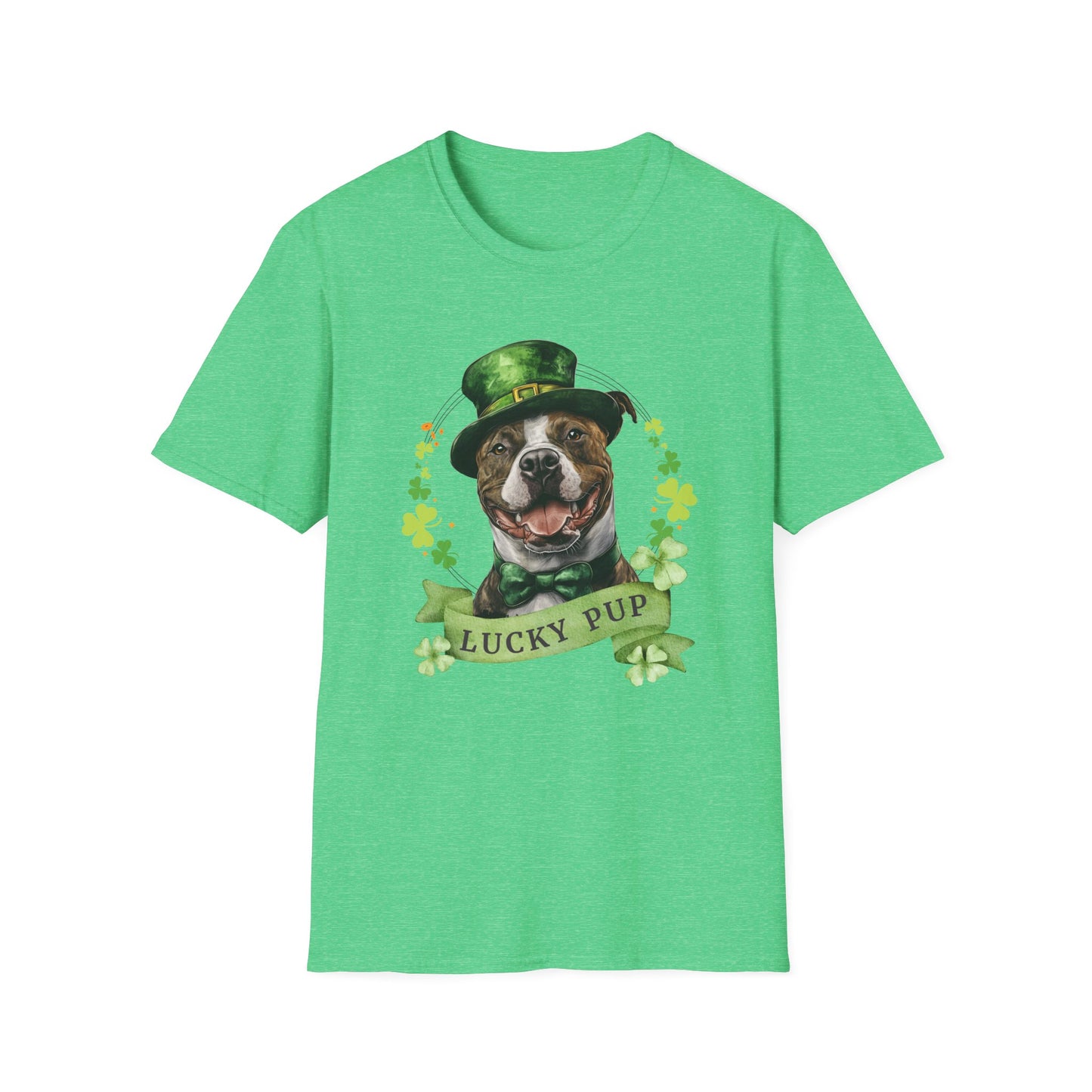 St. Patrick’s Day kelly green heather t-shirt featuring a stafforshire bull terrier with a shamrock garland and festive Irish design