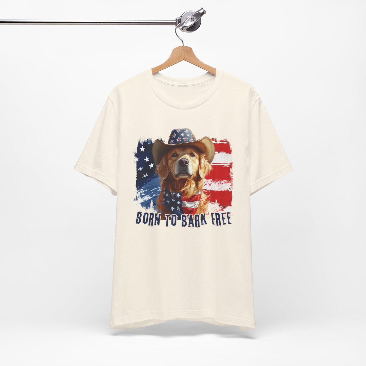 Golden Retriever Patriotic T-Shirt "Born to Bark Free" - Dog-Themed Patriotic Design