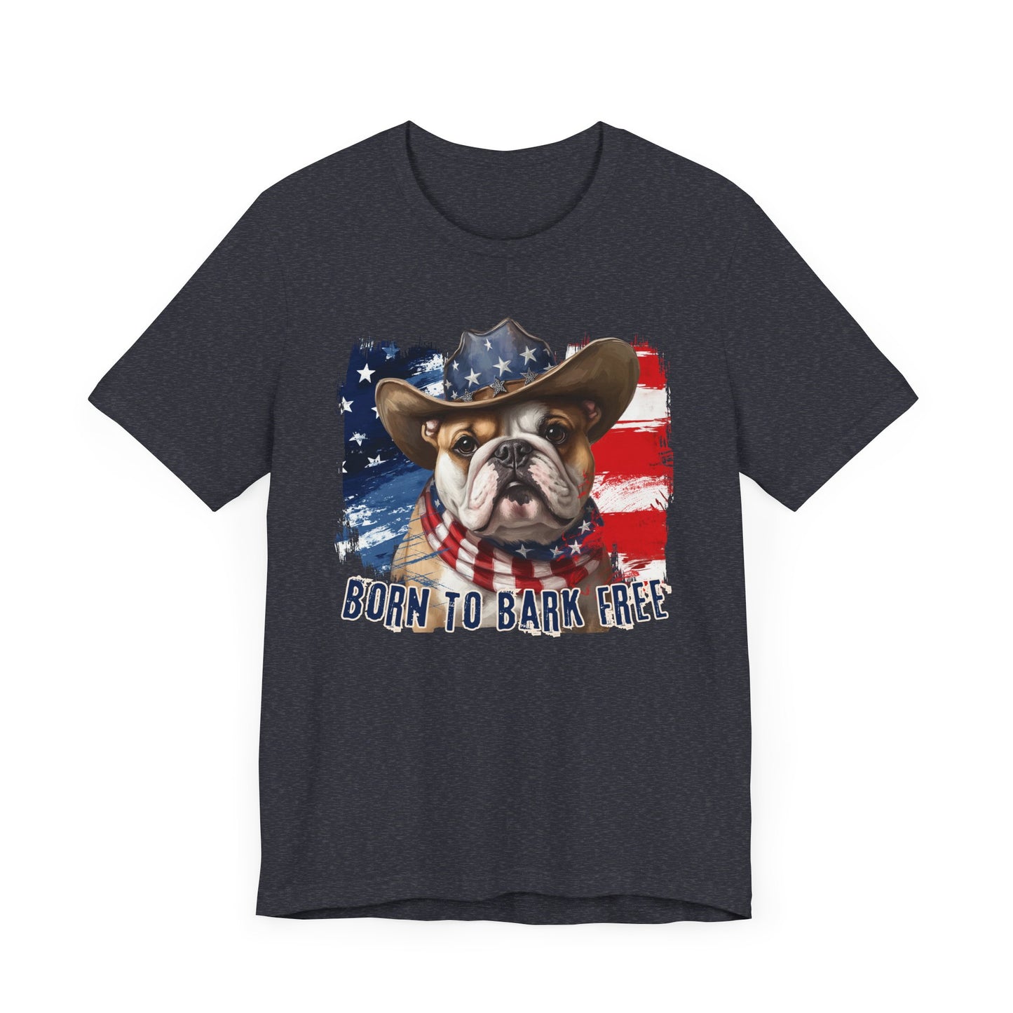 English Bulldog Patriotic T-Shirt "Born to Bark Free" - Dog-Themed Patriotic Design