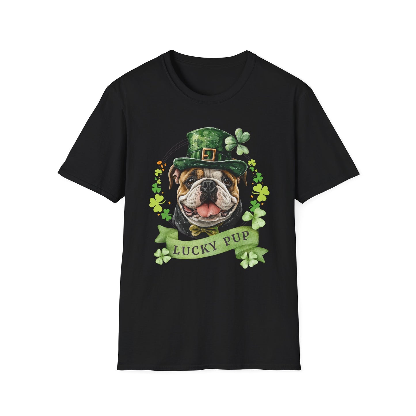 St. Patrick’s Day t-shirt featuring a English bulldog with a shamrock garland and festive Irish design