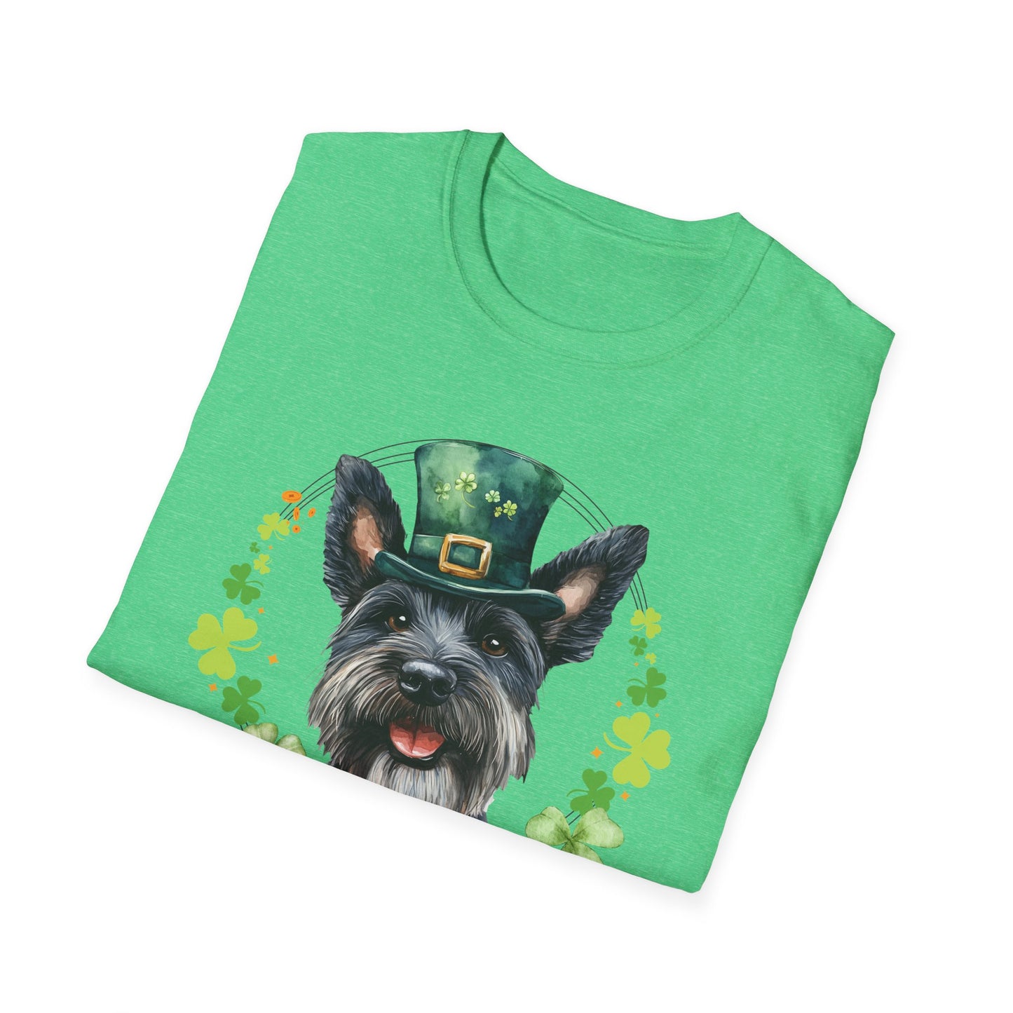 folded St. Patrick’s Day scottish terrier dog irish green t-shirt with a lucky shamrock print, great for dog lovers
