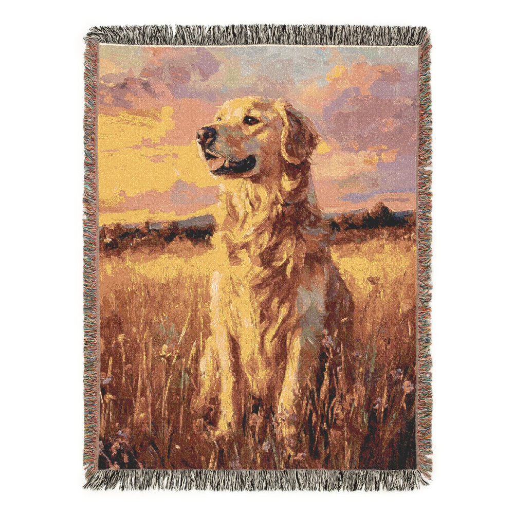 Golden Retriever in a Golden Sunset Field – Woven Blanket - Floral Dog Design for Home Comfort - Customization available