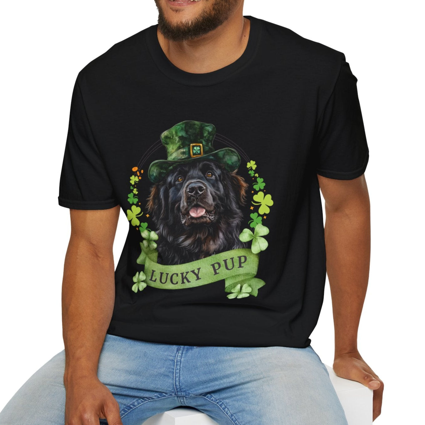 A person wearing St. Patrick’s Day newfoundland dog t-shirt with a lucky shamrock print, great for dog lovers
