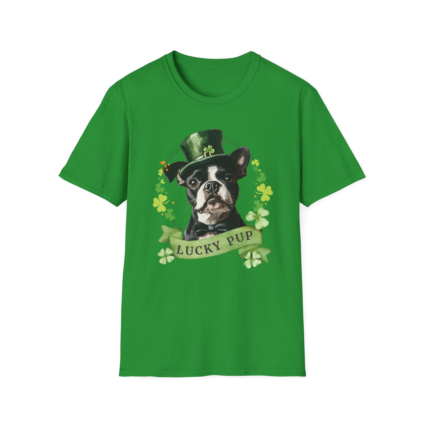 Irish green St. Patrick’s Day t-shirt featuring a Boston Terrier with a shamrock garland and festive Irish design