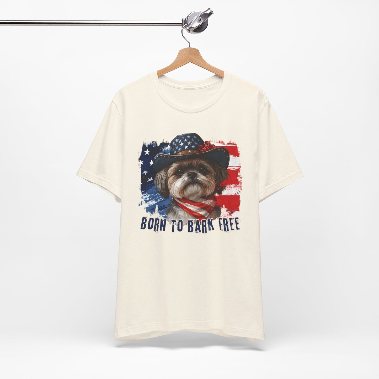 Shih Tzu Patriotic T-Shirt "Born to Bark Free" - Dog-Themed Patriotic Design