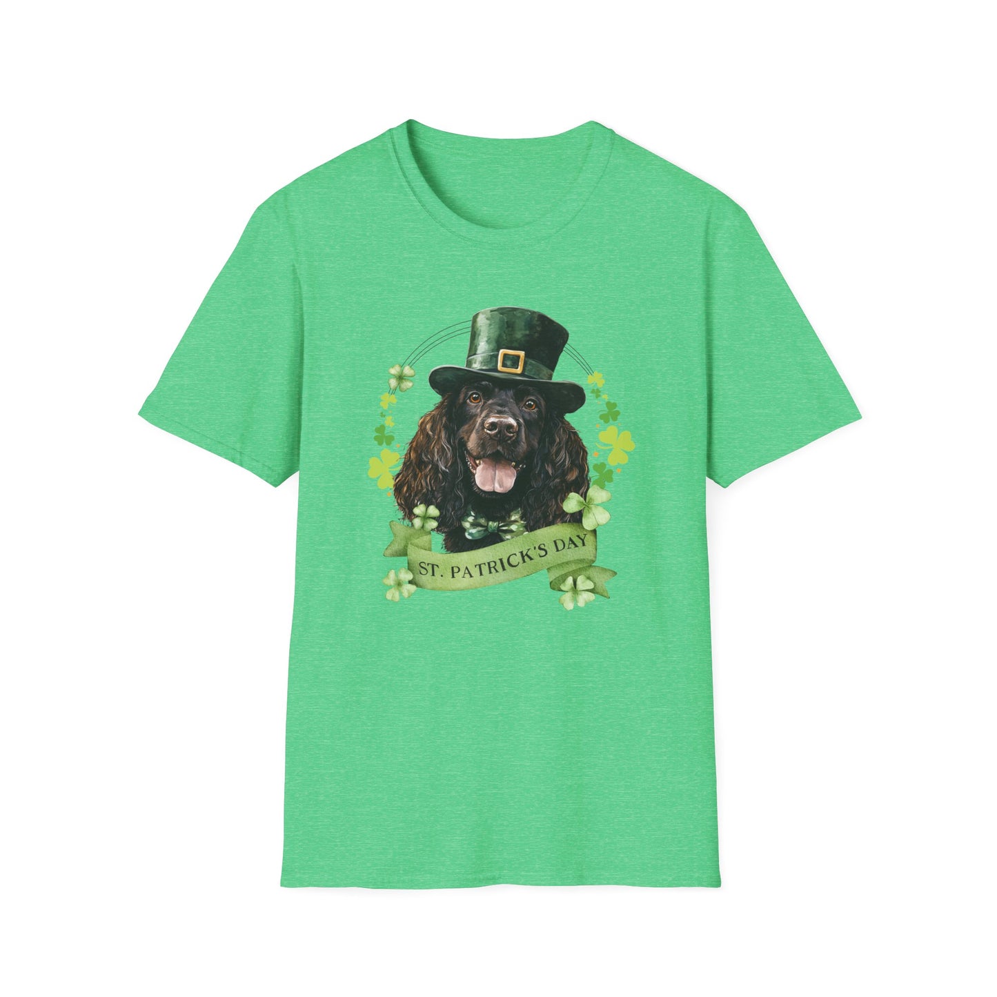 St. Patrick’s Day t-shirt featuring an Irish Water Spaniel with a shamrock garland and festive Irish design