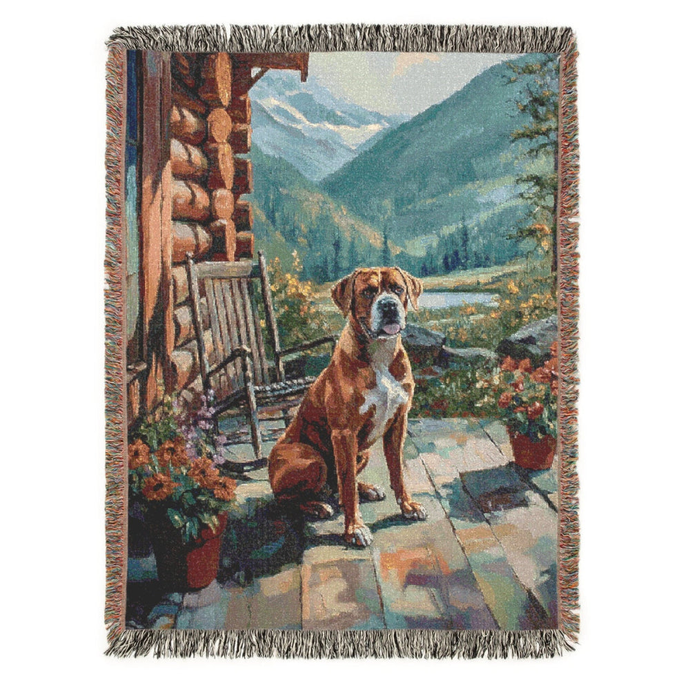 Rustic Porch Scene with Boxer – Woven Blanket - Floral Dog Design for Home Comfort - Customization available