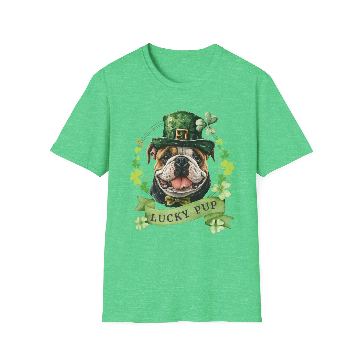 St. Patrick’s Day t-shirt featuring a English bulldog with a shamrock garland and festive Irish design