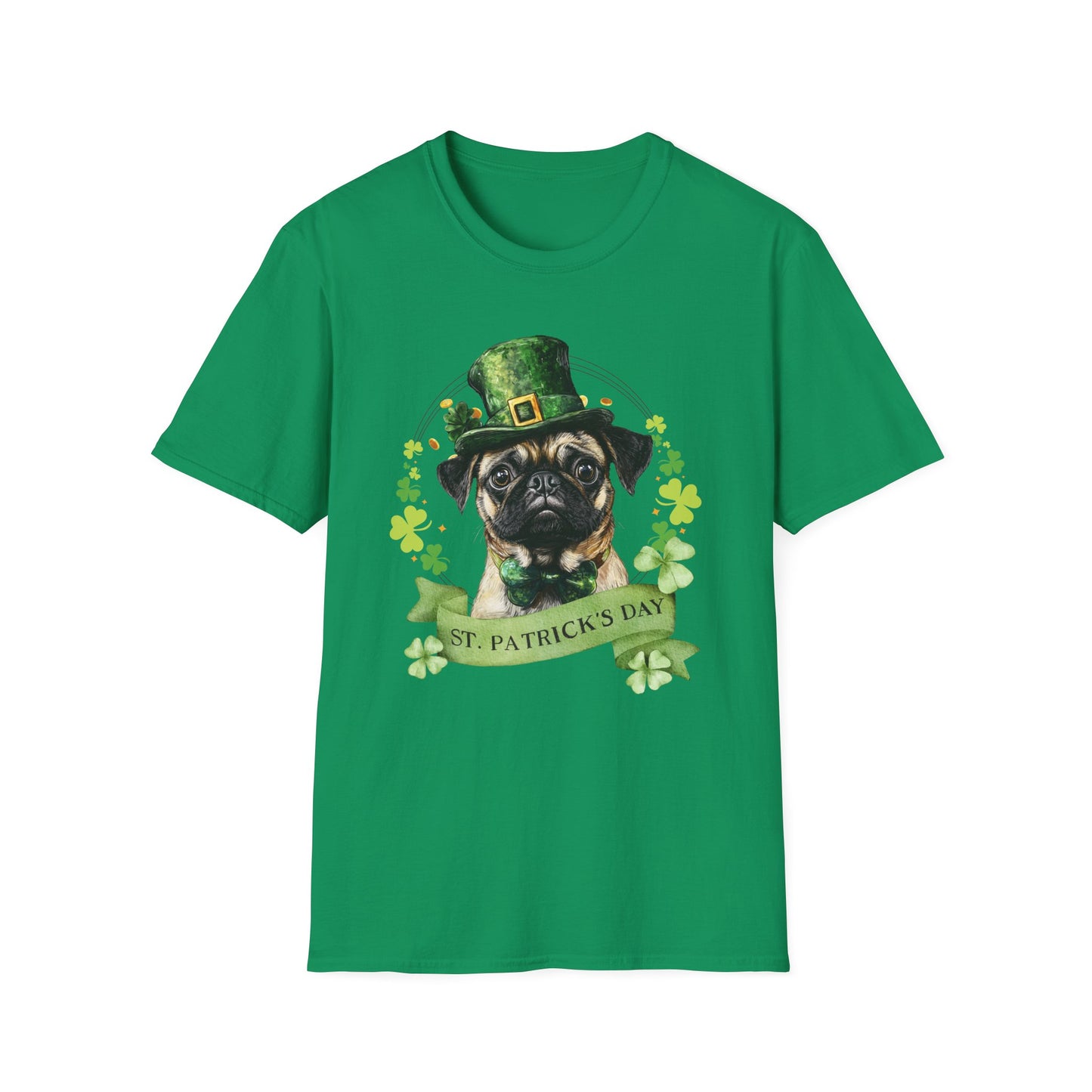 St. Patrick’s Day kelly greent-shirt featuring a pug dog with a shamrock garland and festive Irish design
