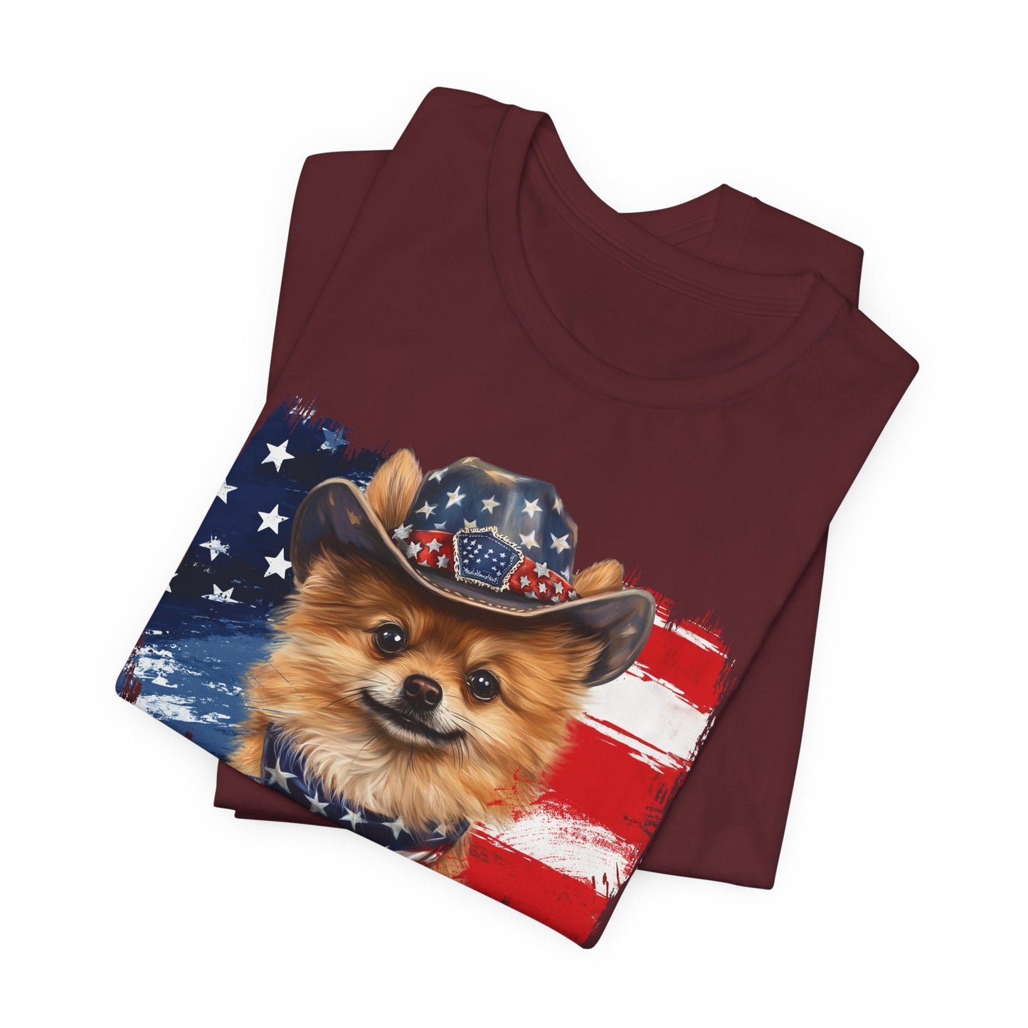 Pomeranian Patriotic T-Shirt "Born to Bark Free" - Dog-Themed Patriotic Design