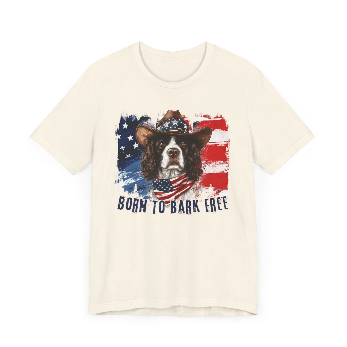 English Springer Spaniel Patriotic T-Shirt "Born to Bark Free" - Dog-Themed Patriotic Design