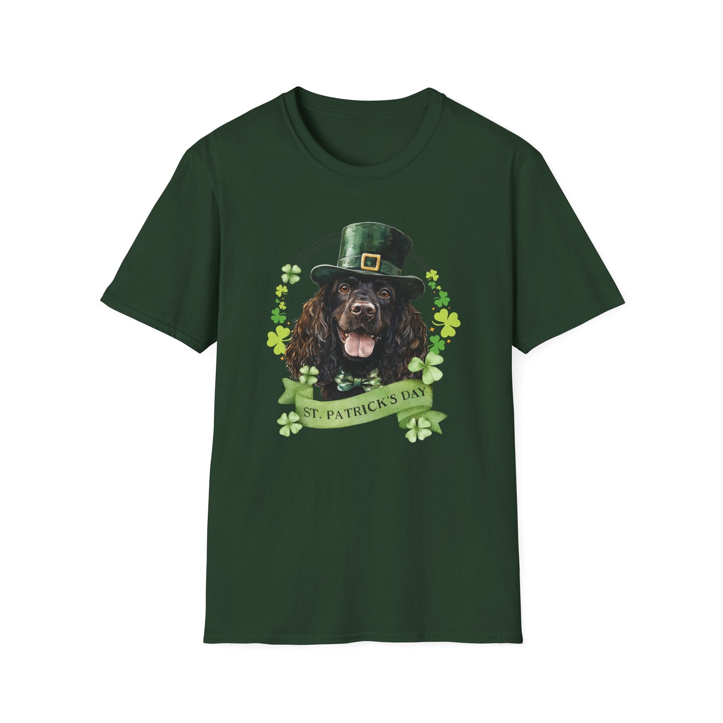 St. Patrick’s Day t-shirt featuring an Irish Water Spaniel with a shamrock garland and festive Irish design