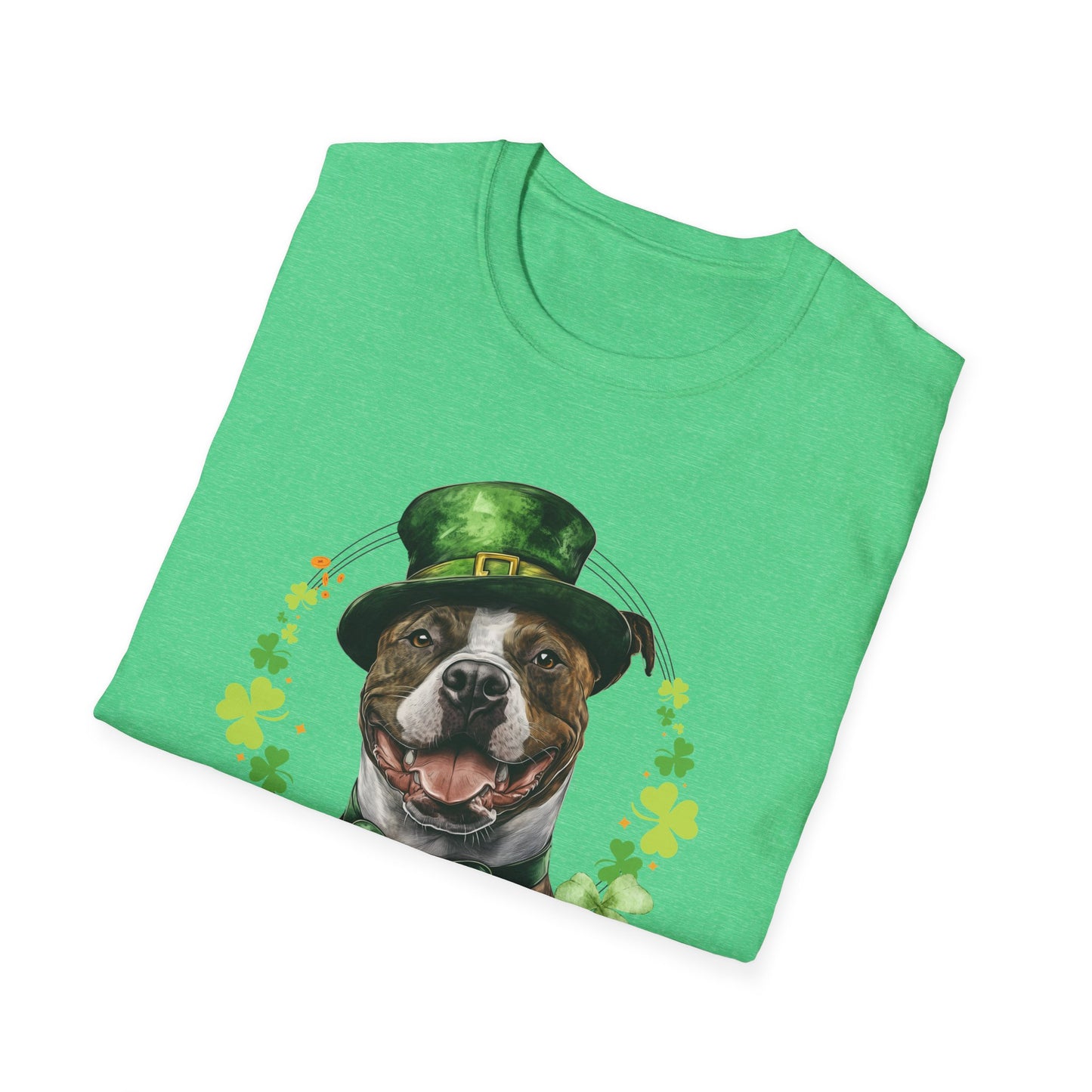 folded St. Patrick’s Day t-shirt featuring a stafforshire bull terrier with a shamrock garland and festive Irish design