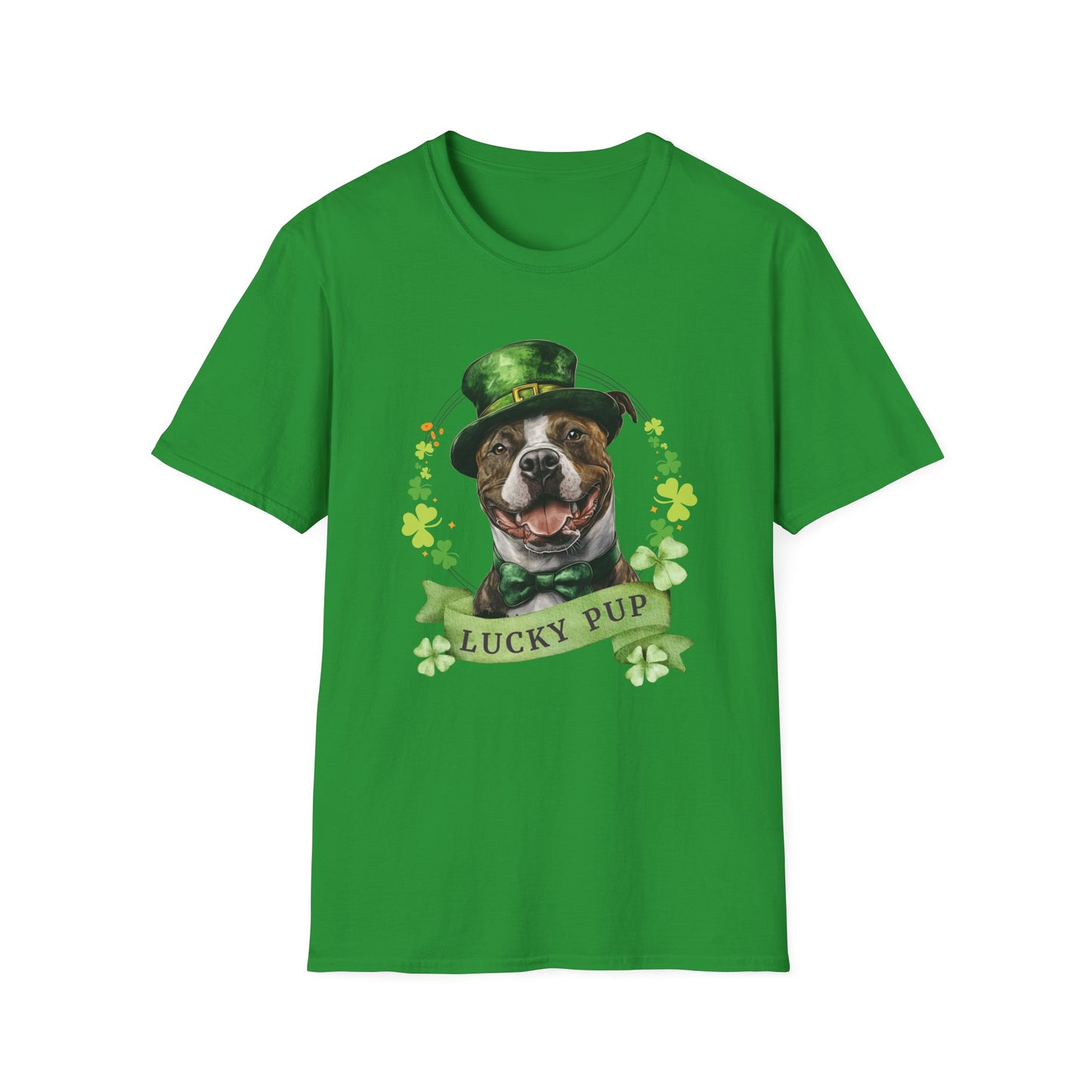 St. Patrick’s Day irish green t-shirt featuring a stafforshire bull terrier with a shamrock garland and festive Irish design