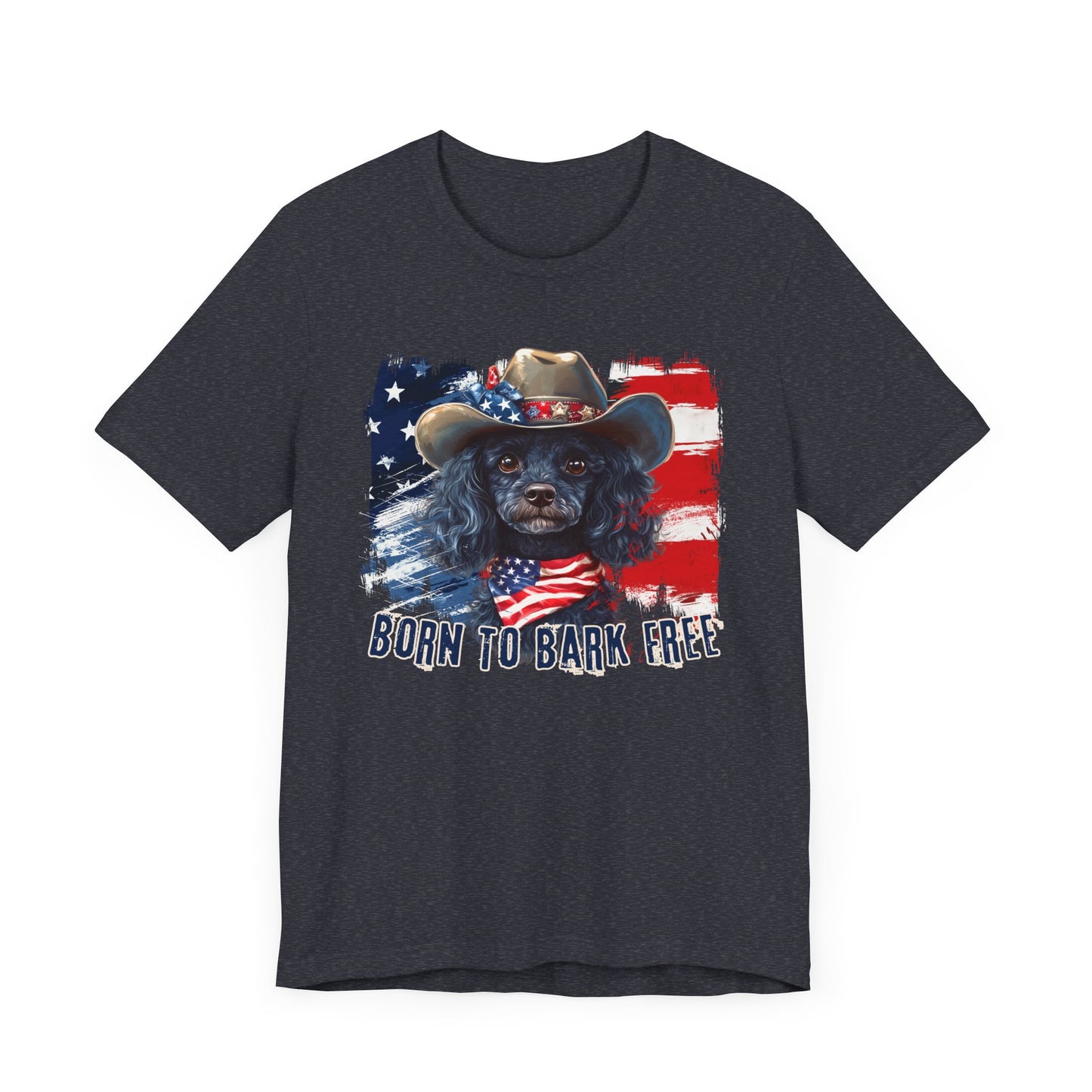 Black Poodle Patriotic T-Shirt "Born to Bark Free" - Dog-Themed Patriotic Design