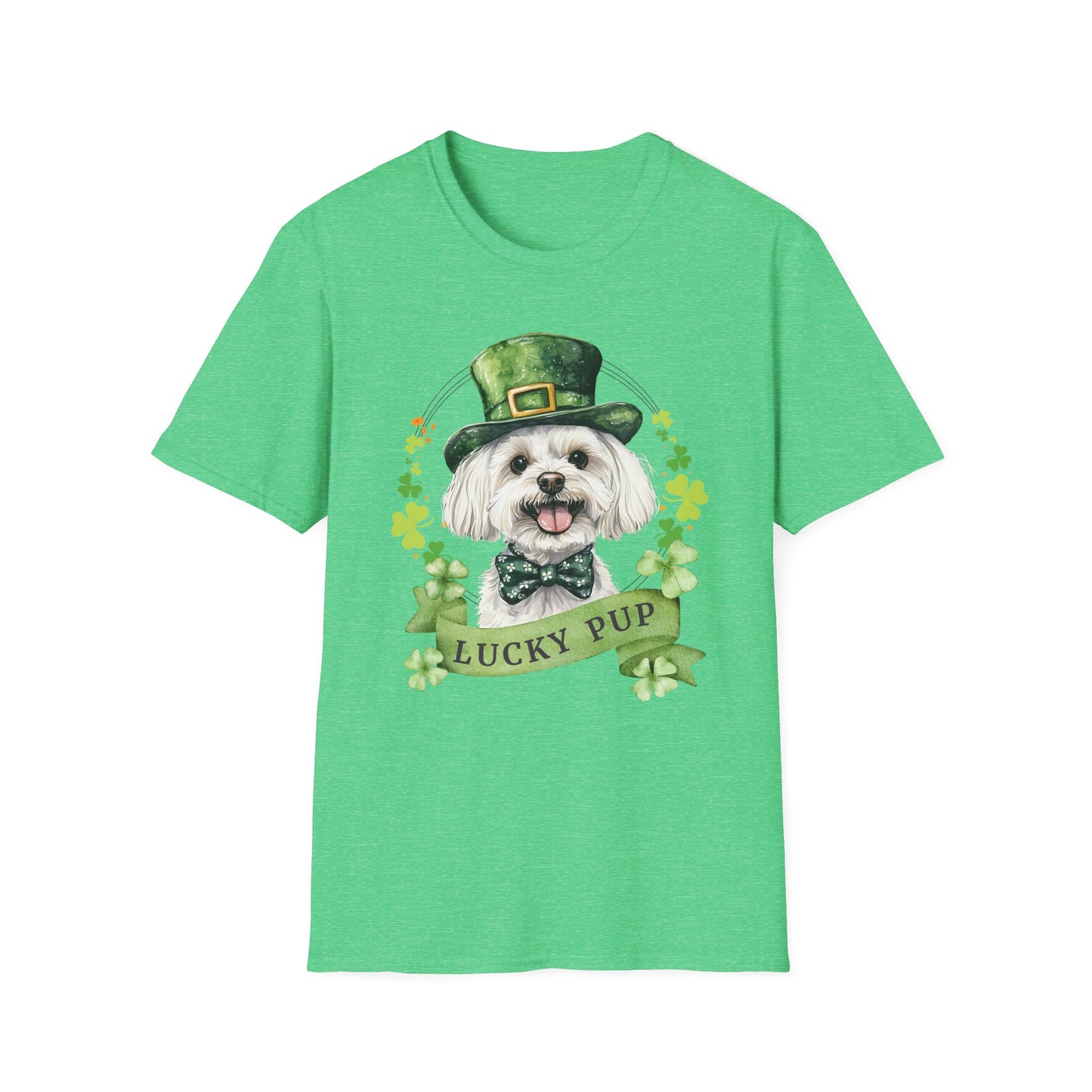 St. Patrick’s Day maltese dog heather kelly green t-shirt with a lucky shamrock print, great for dog lovers