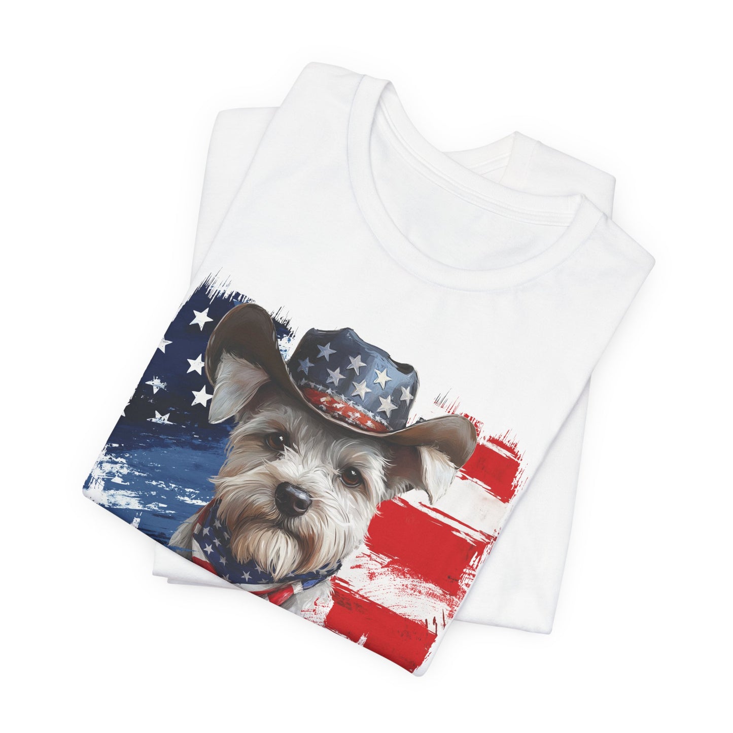 White Schnauzer Patriotic T-Shirt "Born to Bark Free" - Dog-Themed Patriotic Design