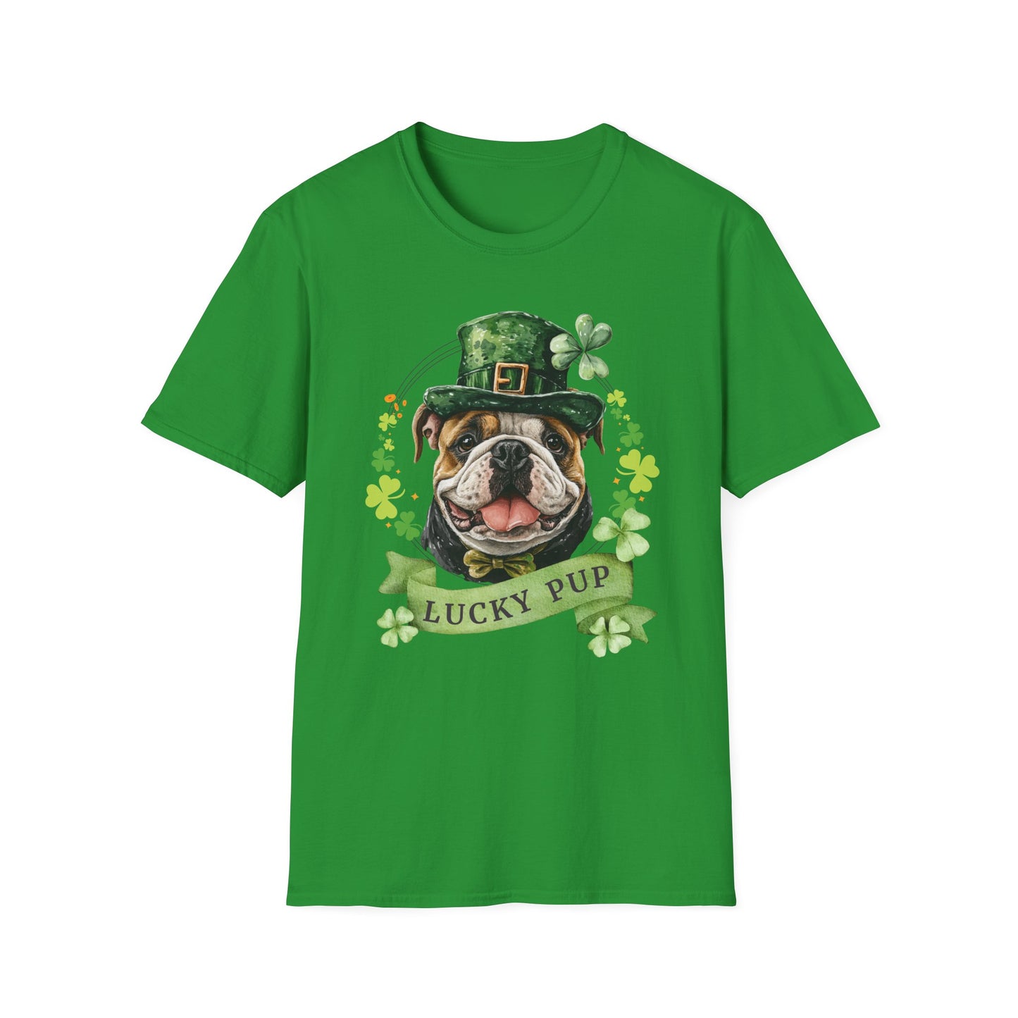 St. Patrick’s Day t-shirt featuring a English bulldog with a shamrock garland and festive Irish design
