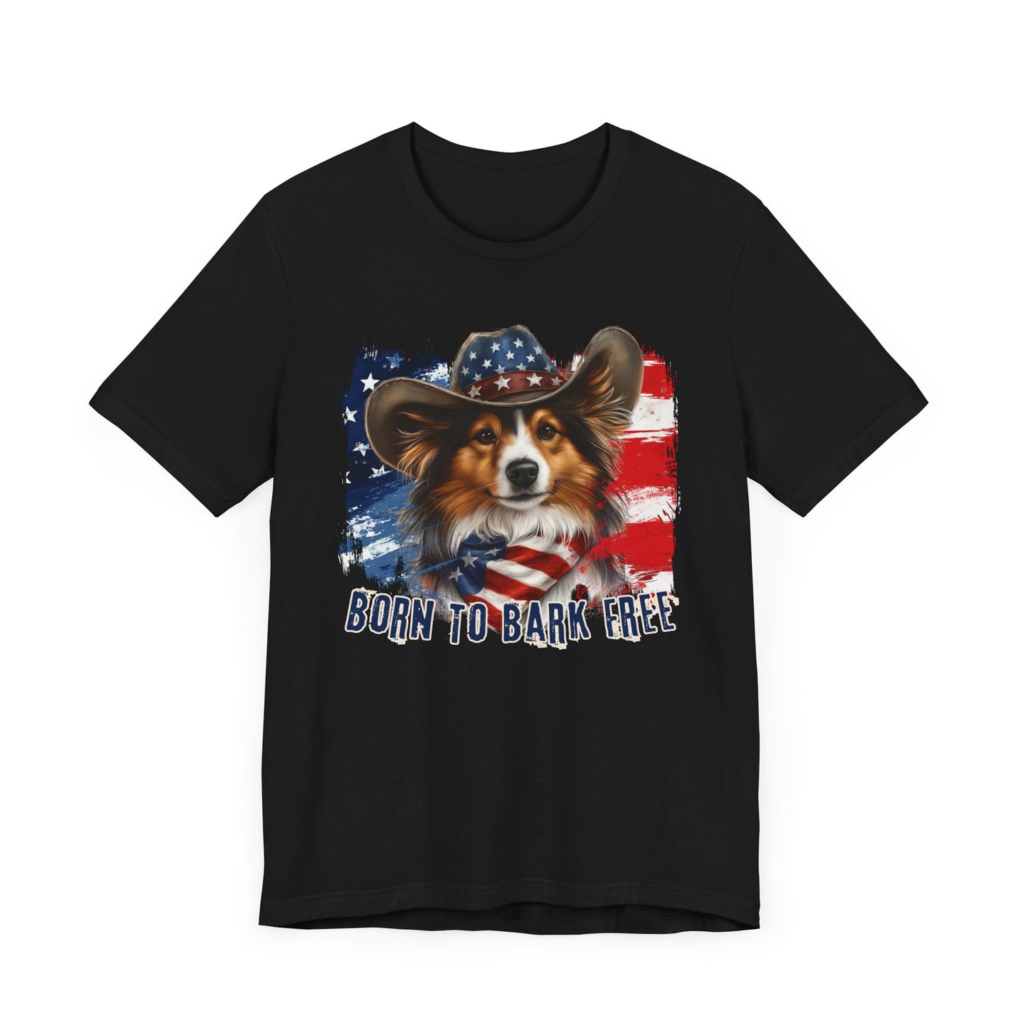 Sheltie Patriotic T-Shirt "Born to Bark Free" - Dog-Themed Patriotic Design