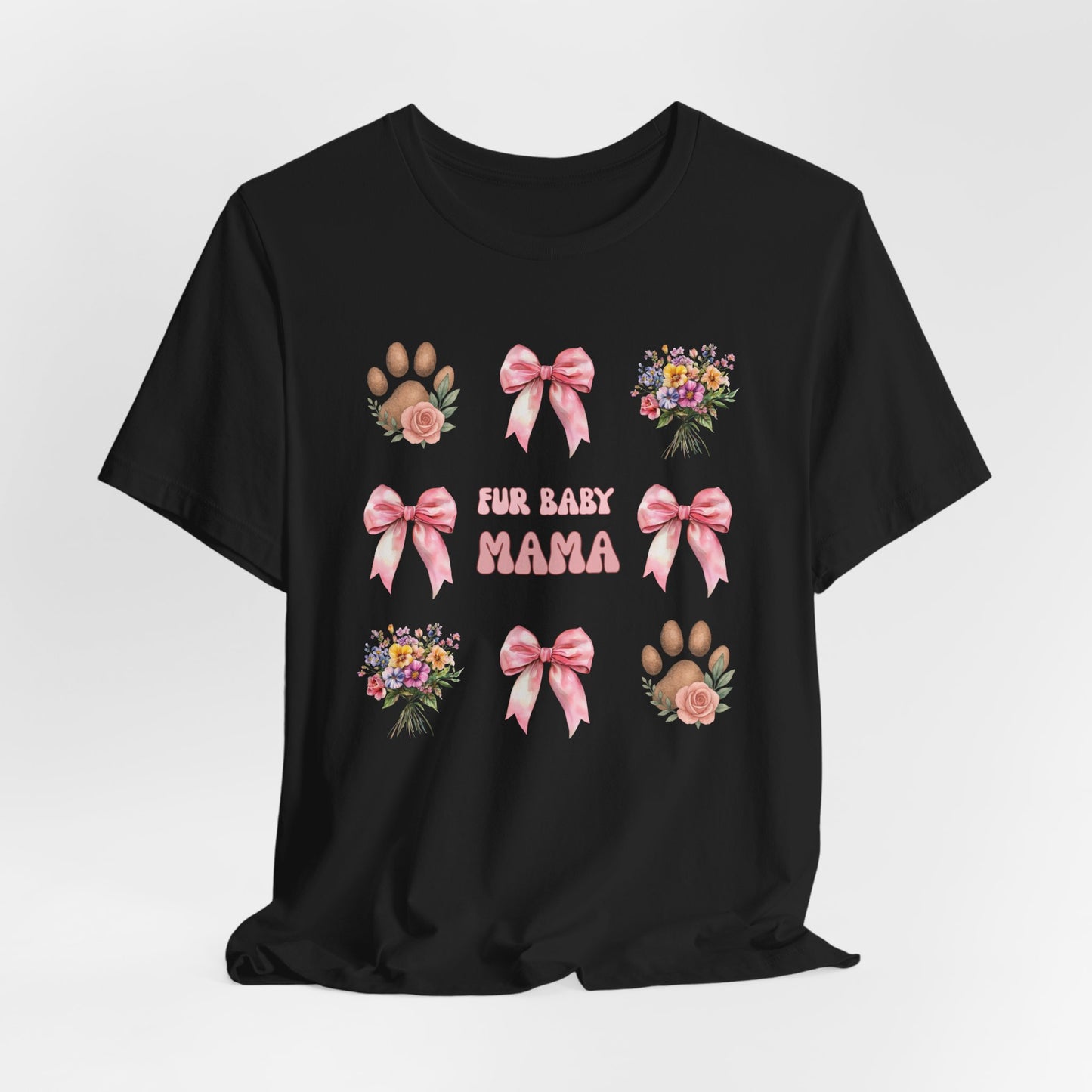 Fur Baby Mama T-Shirt – Soft Cotton Tee with Pink Bows – Gift for Pet Moms