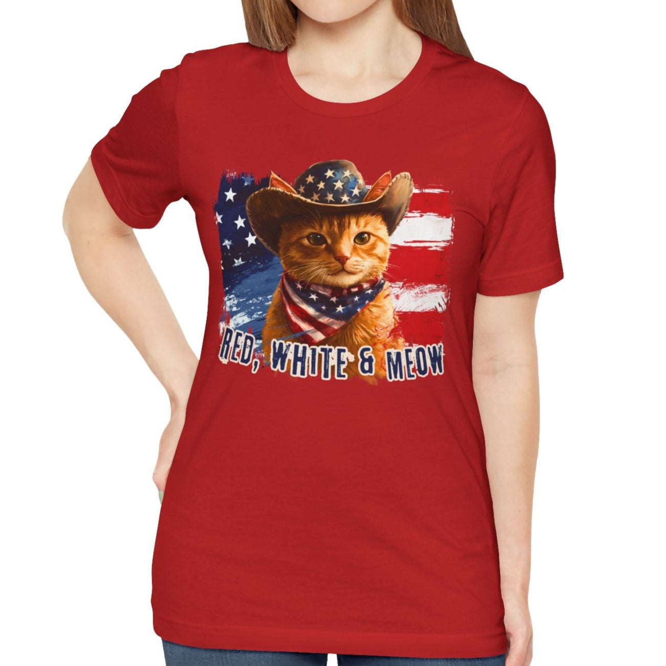 Ginger Cat Patriotic T-Shirt "Red, White & Meow" - Cat-Themed Patriotic Design