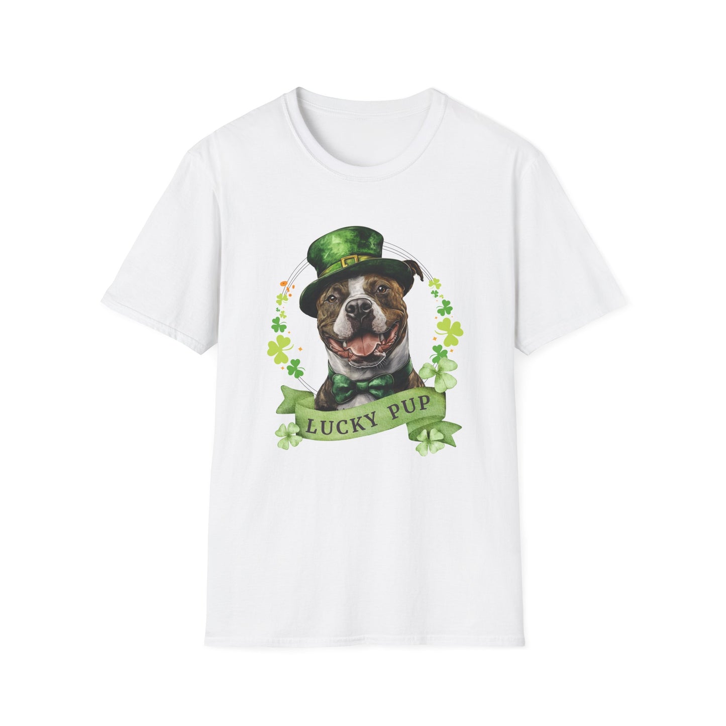 St. Patrick’s Day white t-shirt featuring a stafforshire bull terrier with a shamrock garland and festive Irish design