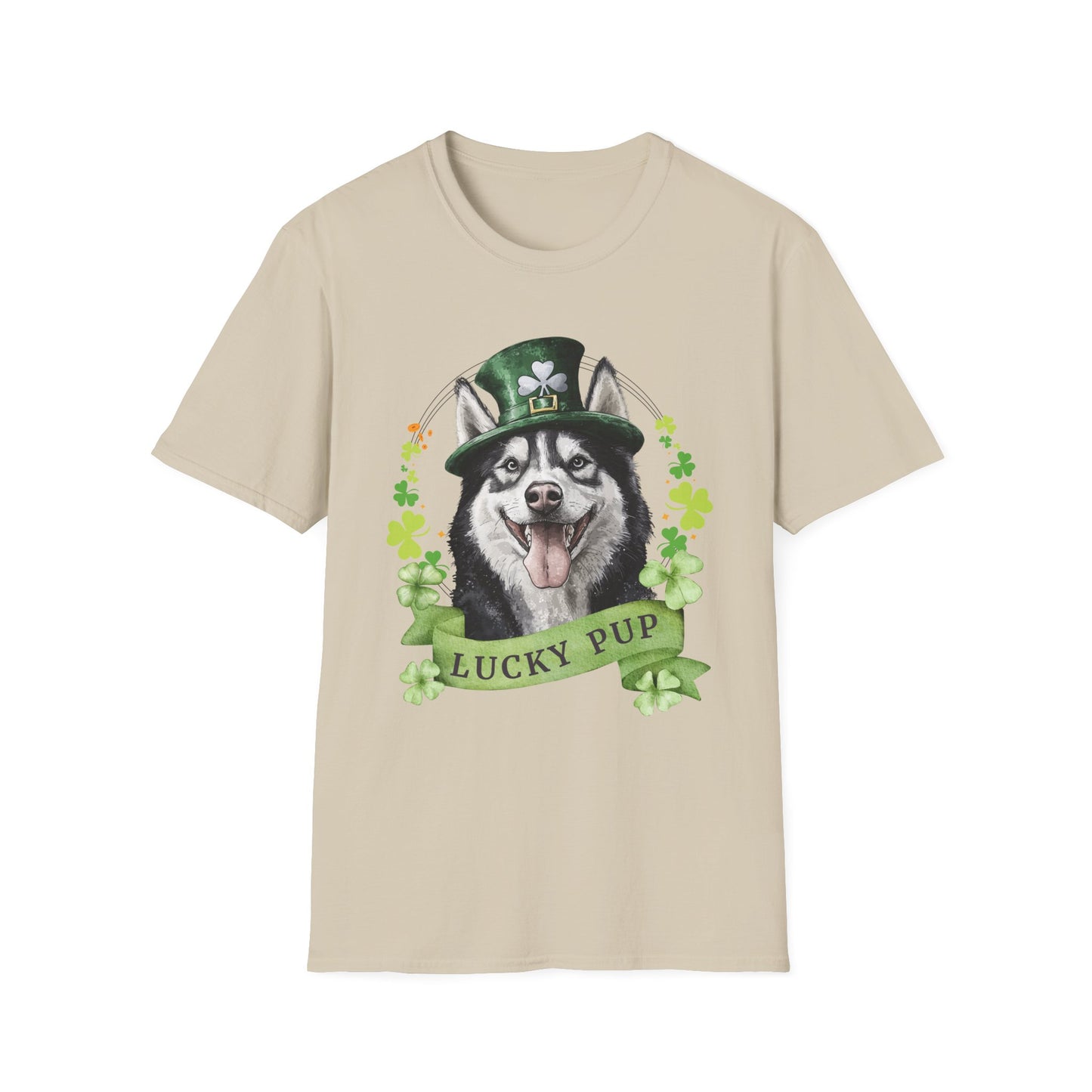 St. Patrick’s Day t-shirt gift for dog lovers featuring Siberian Husky dog with a shamrock garland and festive Irish design, sand