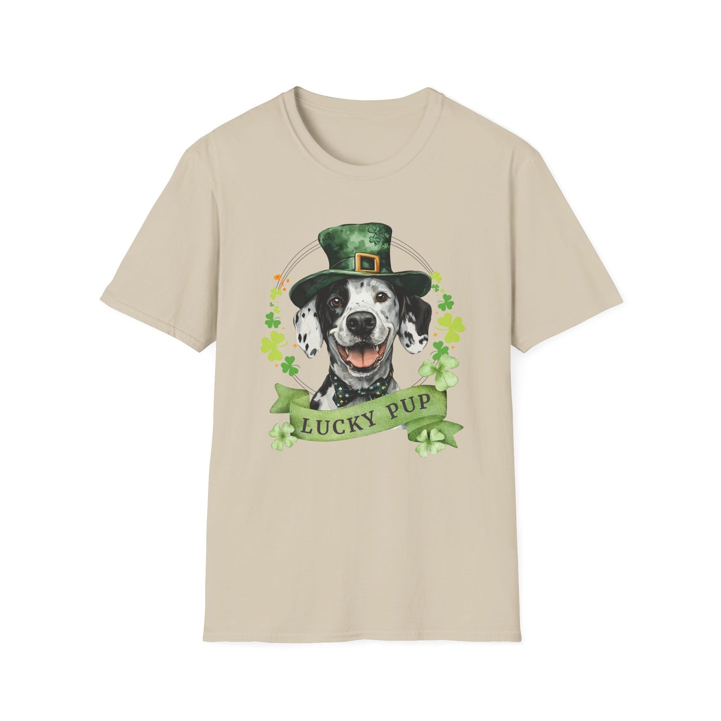 sand St. Patrick’s Day t-shirt featuring a Dalmatian lucky pup with a shamrock garland and festive Irish