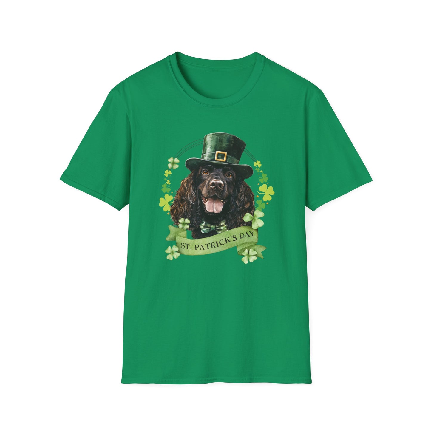 St. Patrick’s Day t-shirt featuring an Irish Water Spaniel with a shamrock garland and festive Irish design