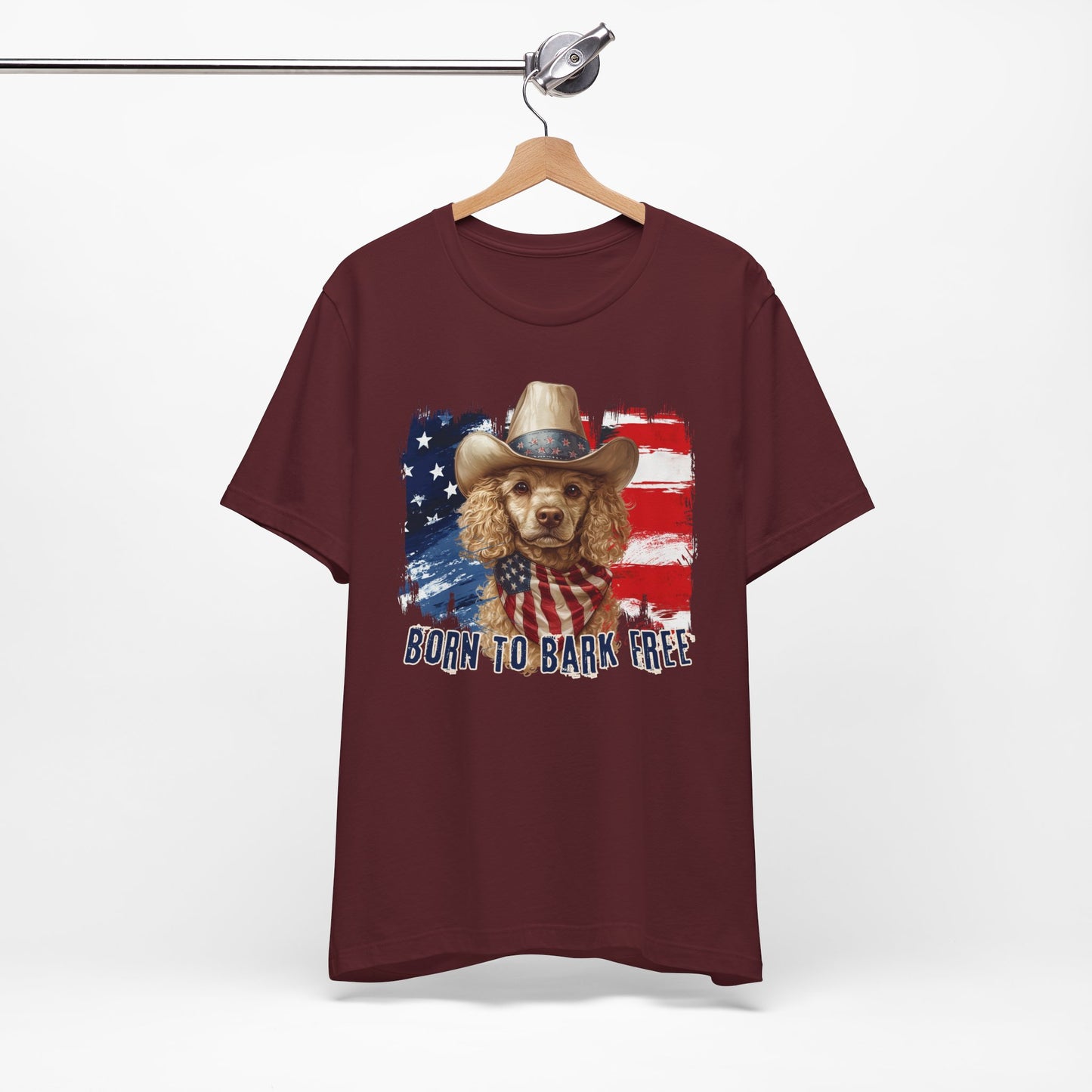Yellow Poodle Patriotic T-Shirt "Born to Bark Free" - Dog-Themed Patriotic Design