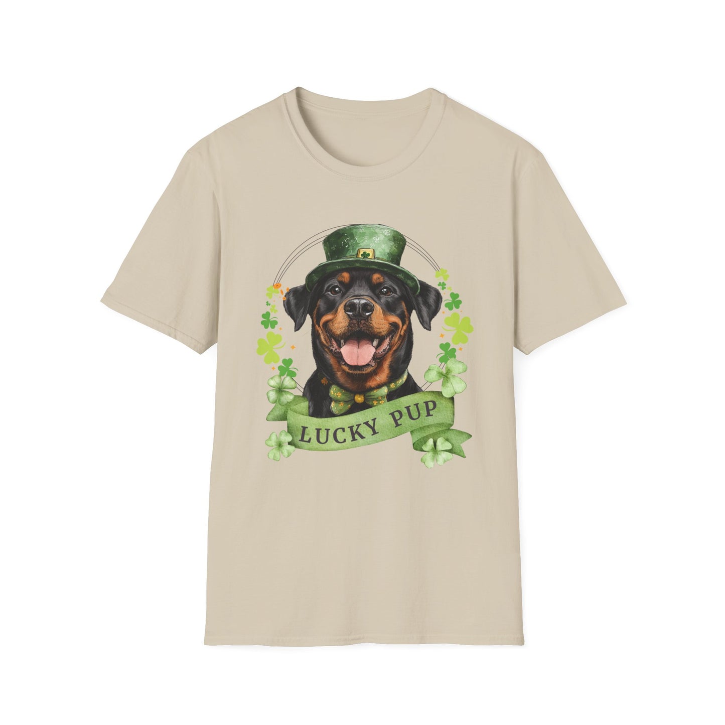 St. Patrick’s Day sand t-shirt gift for dog lovers featuring a Rottweiler dog with a shamrock garland and festive Irish design