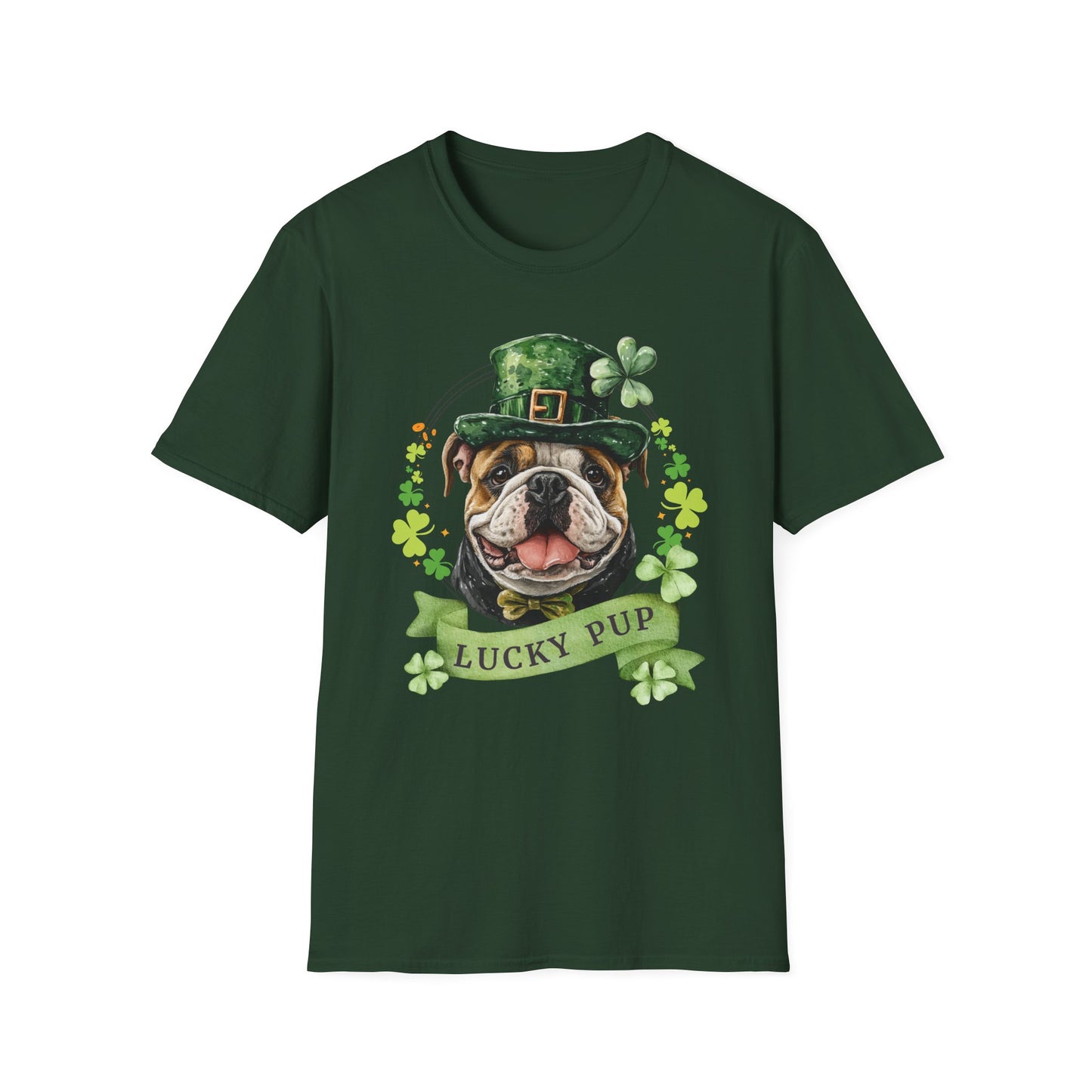 St. Patrick’s Day t-shirt featuring a English bulldog with a shamrock garland and festive Irish design
