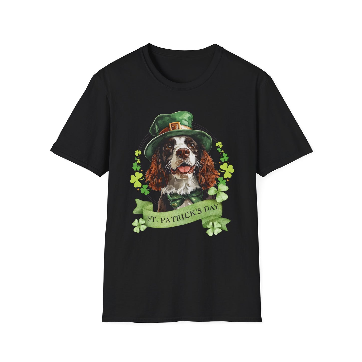 St. Patrick’s Day t-shirt featuring an English springer spaniel dog with a shamrock garland and festive Irish design