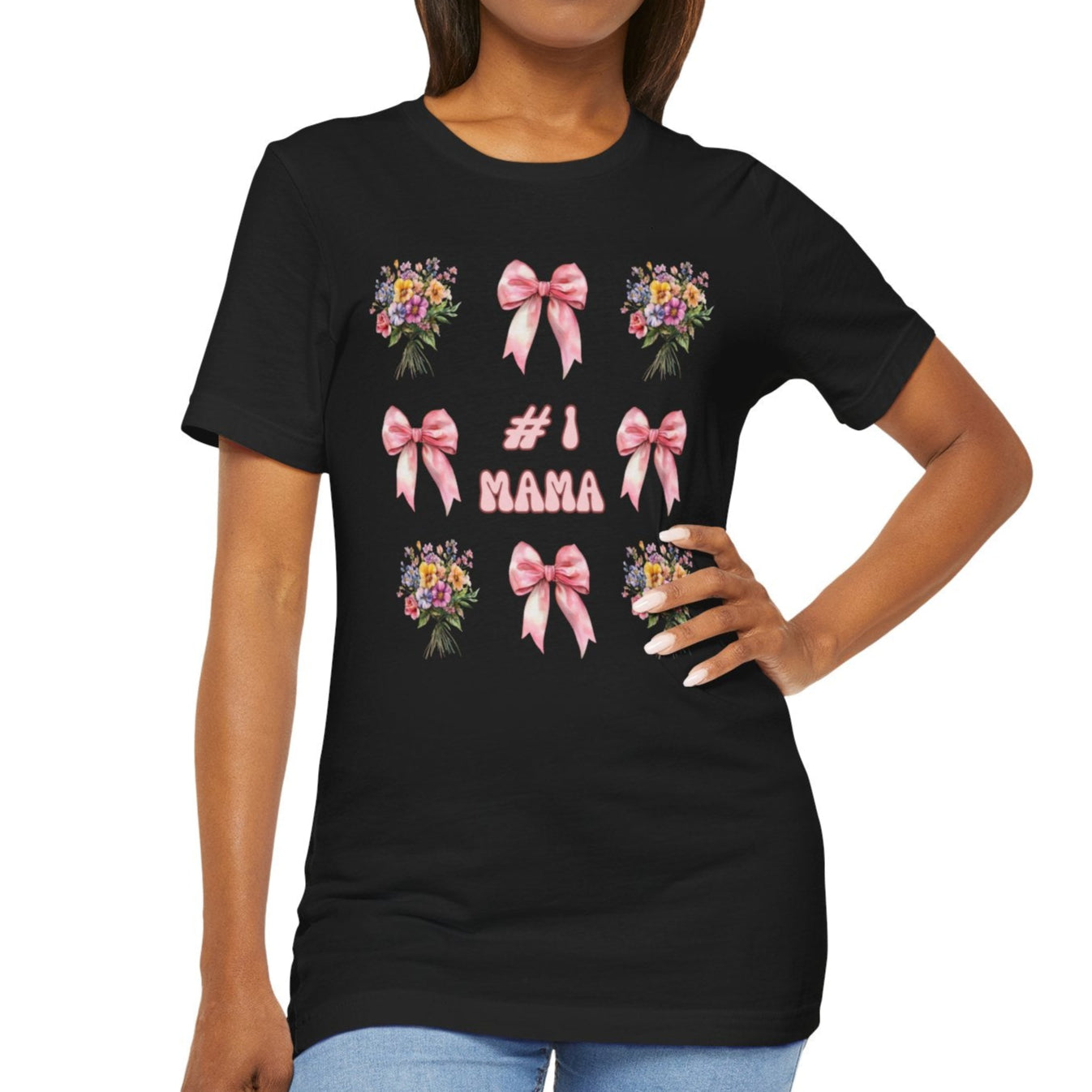 #1 Mama T-Shirt – Soft Cotton Tee with Pink Bows & Florals – Gift for Mom