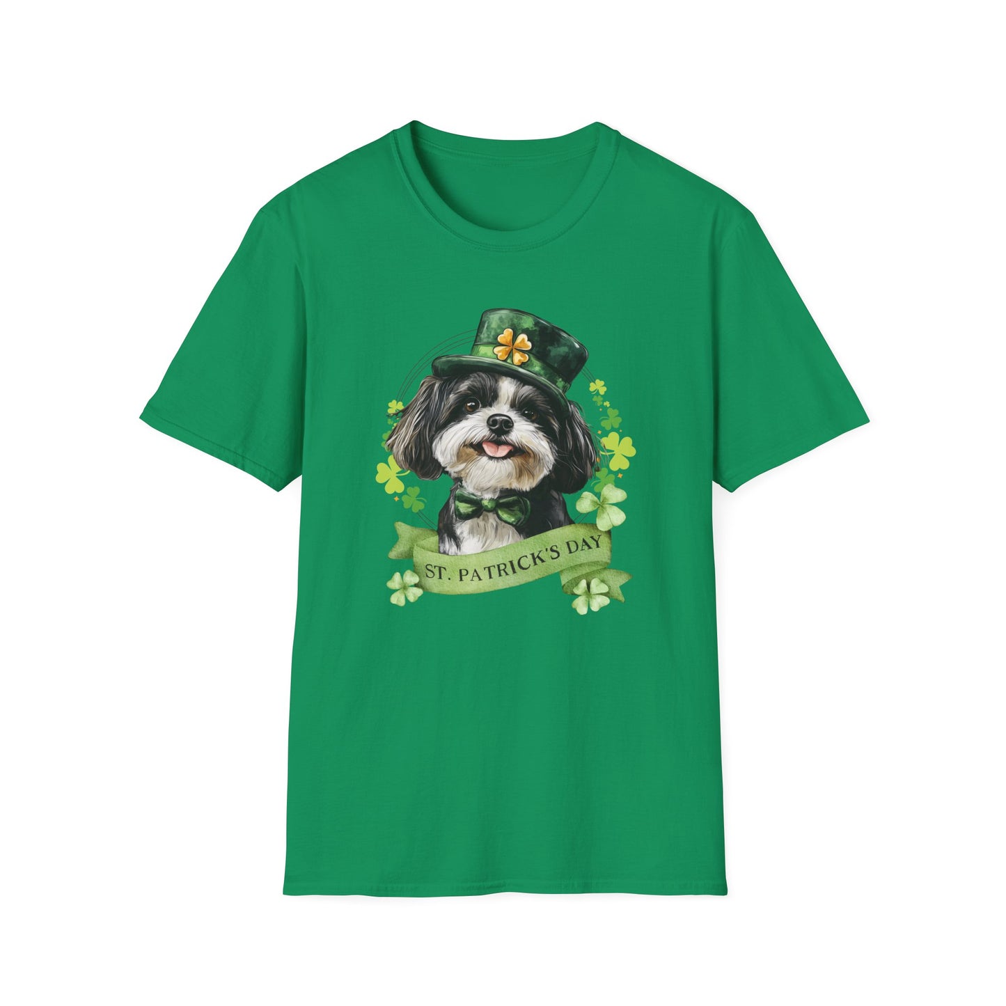 St. Patrick’s Day kelly green t-shirt featuring a shih tzu dog with a shamrock garland and festive Irish design