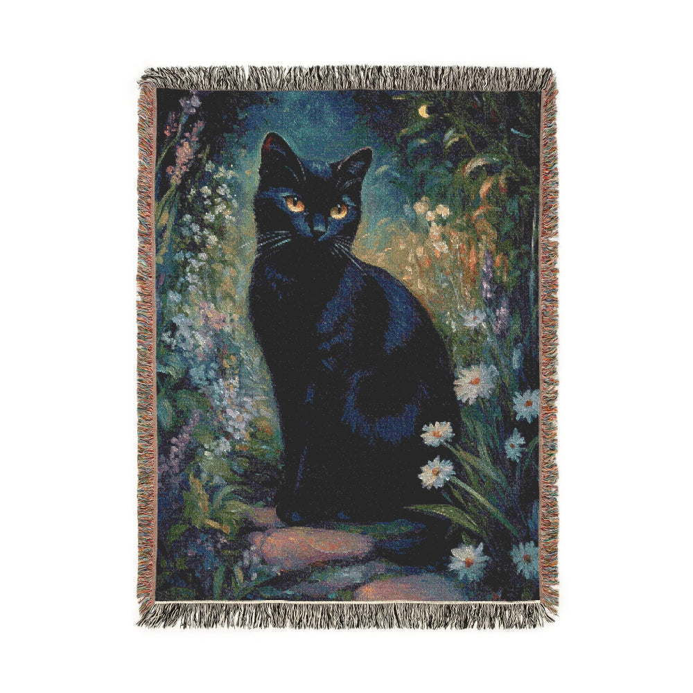 Black Cat in a Moonlit Garden – Woven Blanket - Floral Cat Design for Home Comfort - Customization available