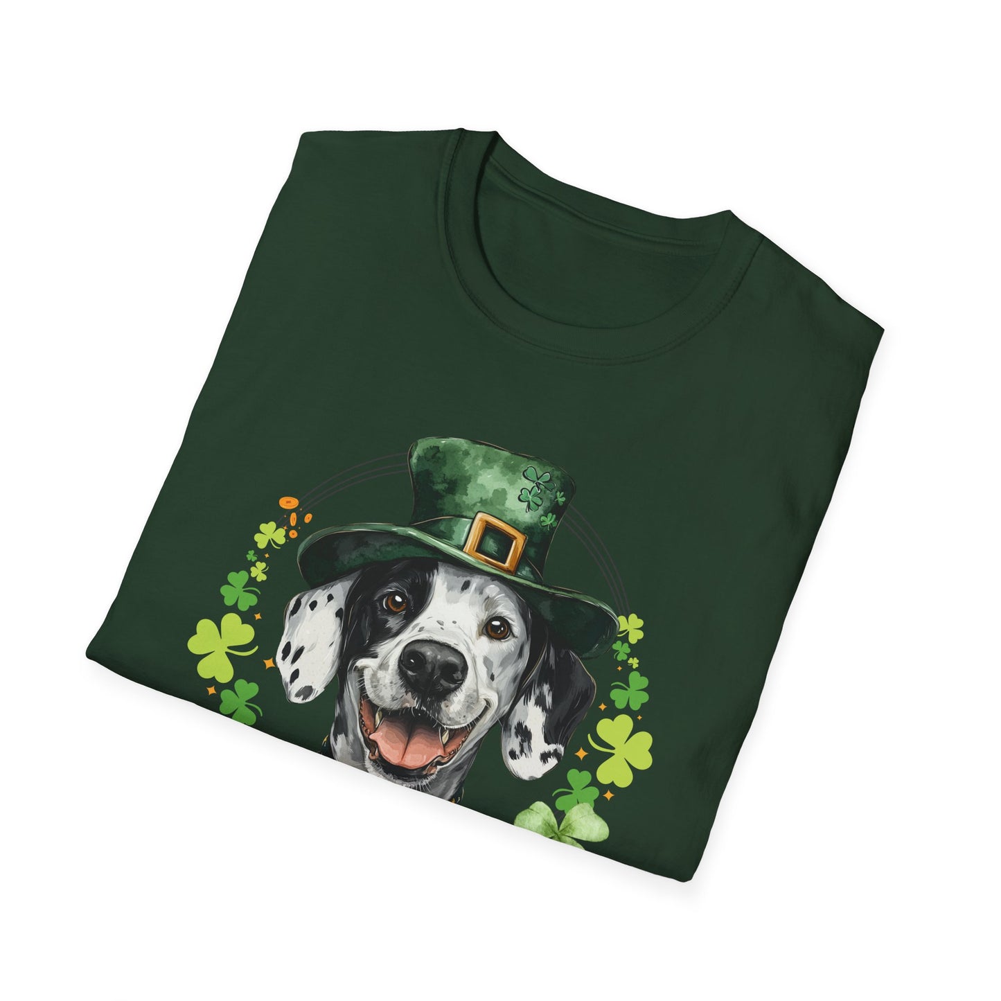 Dalmatian St. Patrick’s Day dog t-shirt with a lucky shamrock print, great for dog lovers