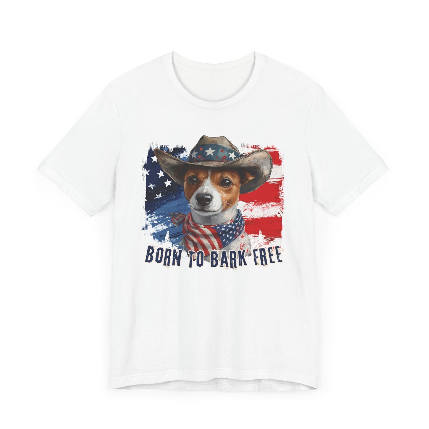 Jack Russel Patriotic T-Shirt "Born to Bark Free" - Dog-Themed Patriotic Design