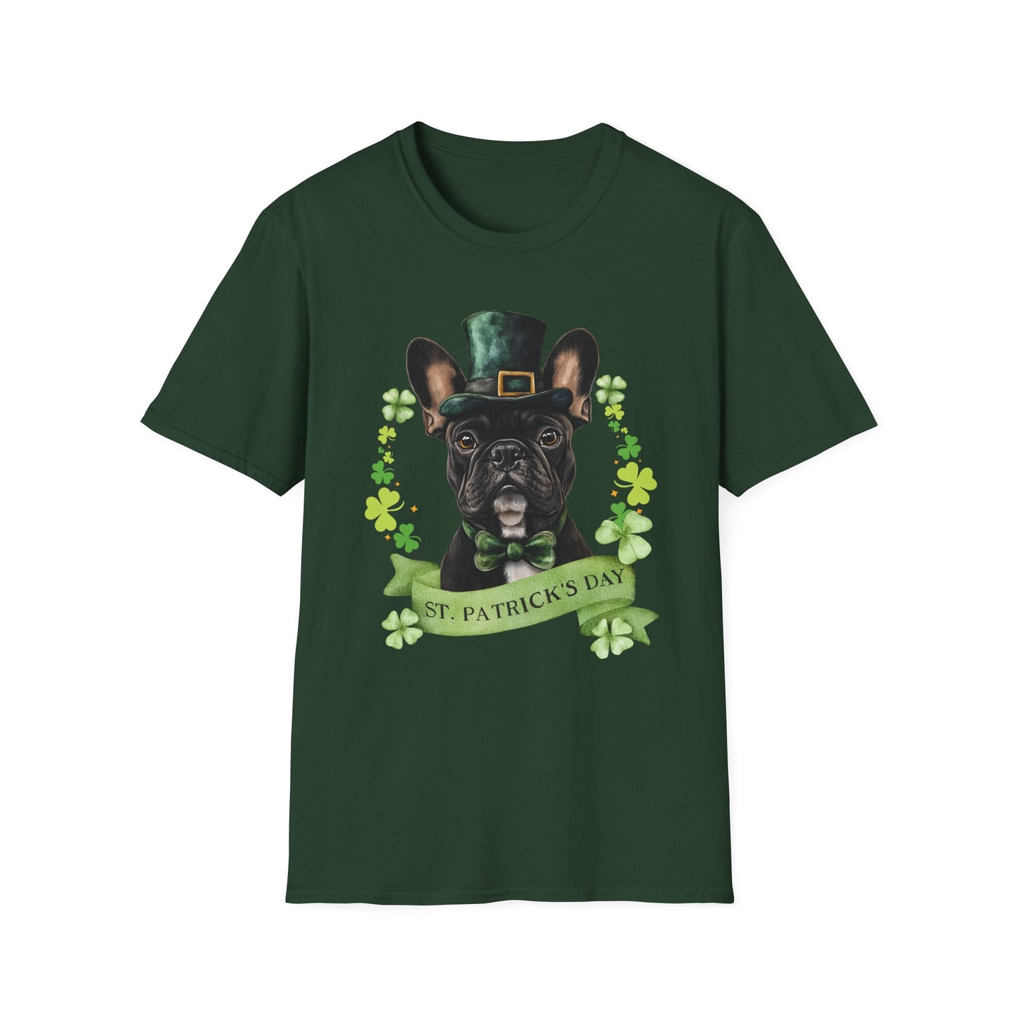 forest green St. Patrick’s Day t-shirt featuring French Bulldog with a shamrock garland and festive Irish design
