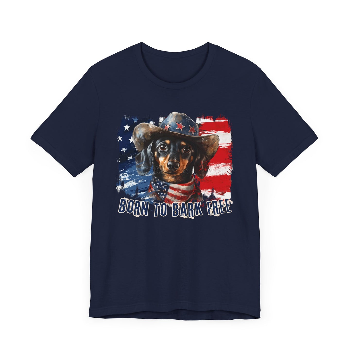 Dachshund Patriotic T-Shirt "Born to Bark Free" - Dog-Themed Patriotic Design