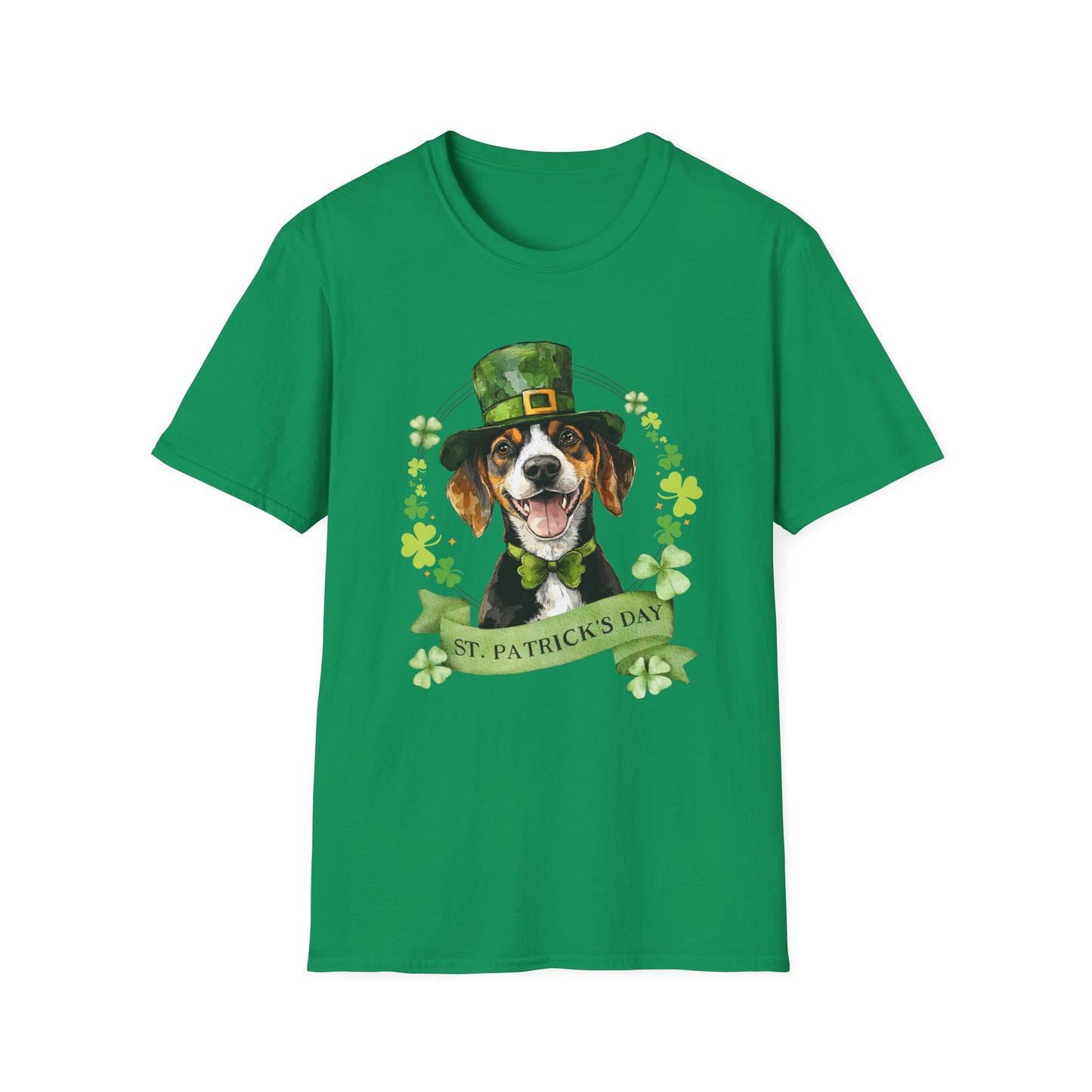 St. Patrick’s Day kelly green t-shirt featuring a Beagle dog with a shamrock garland and festive Irish design